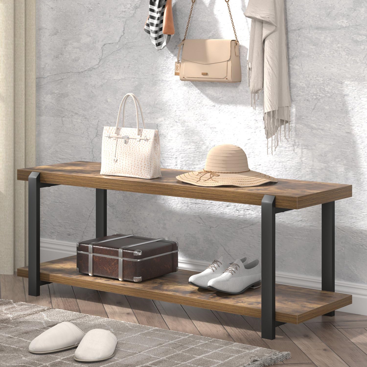 Shoe Storage Bench with Open Shelf