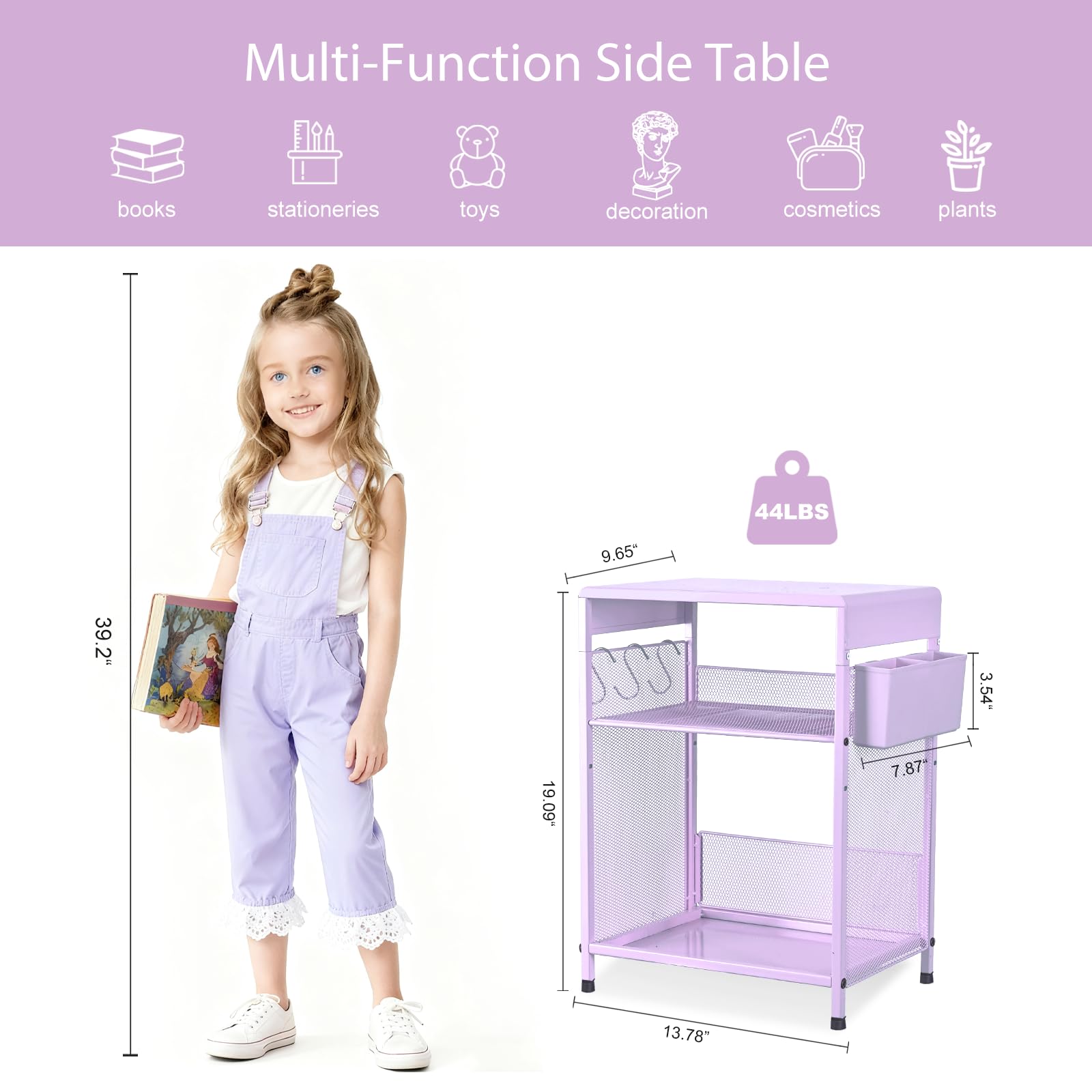 Purple Kids Nightstand 3-Tier Small Side Table