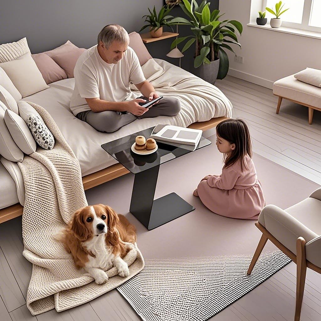 C-Shaped End Table with Metal Base