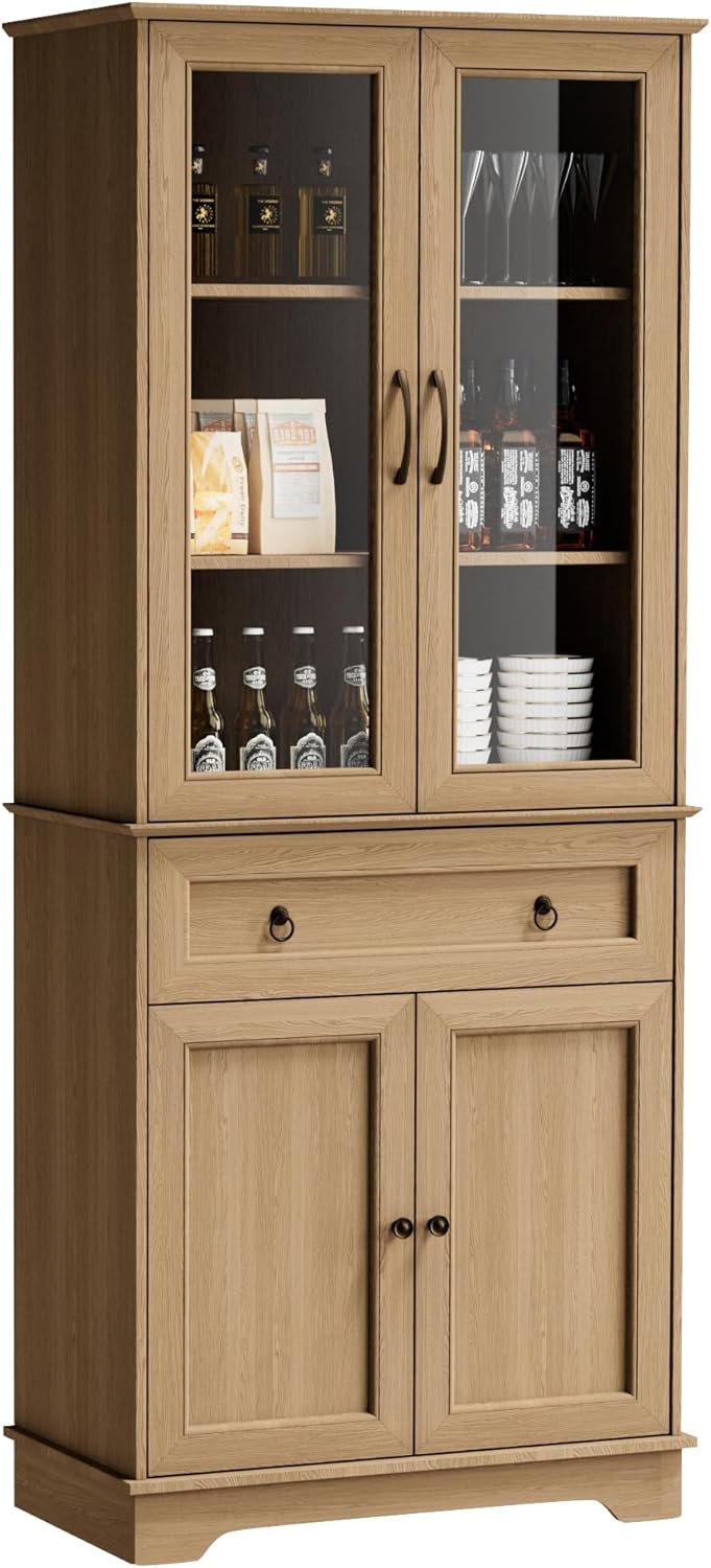 Tall Kitchen Pantry Cabinet with Glass Doors