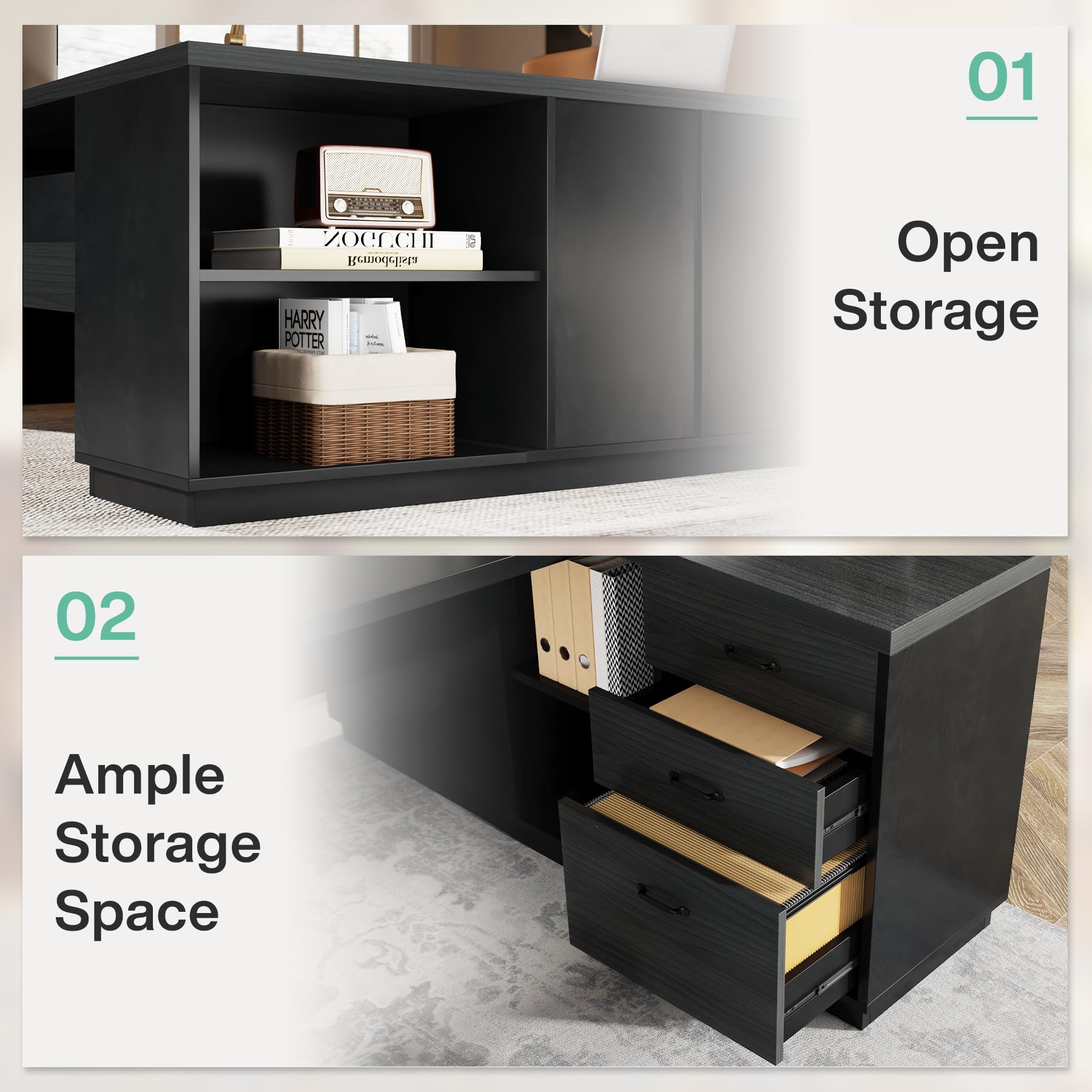 78-Inch L-Shaped Executive Desk with Drawers and File Cabinet