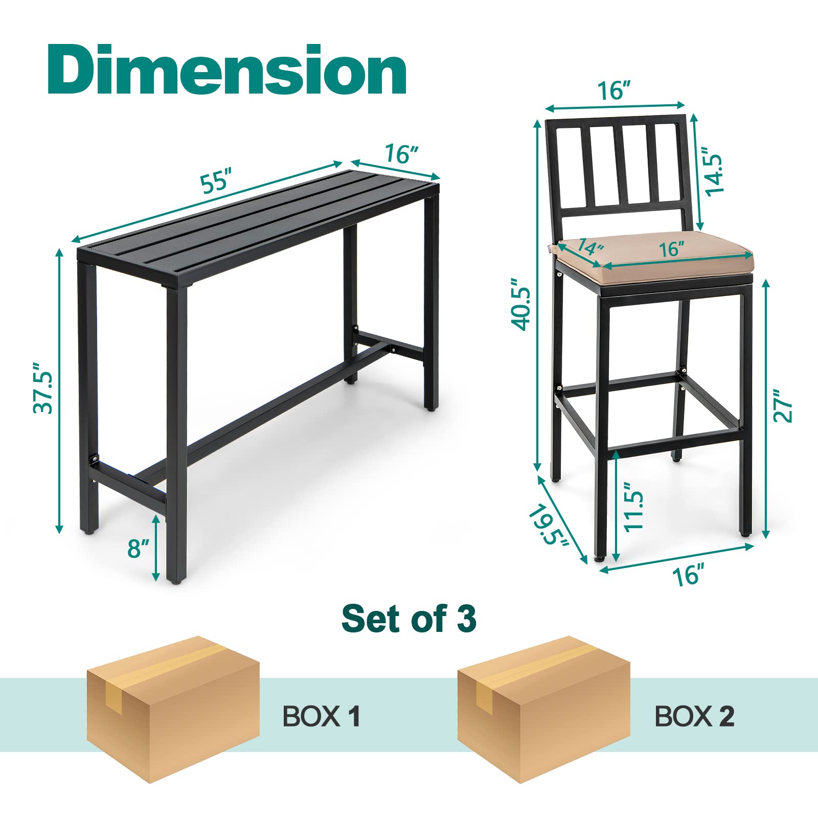 3 Piece Outdoor Patio Bar Set with Cushioned Stools