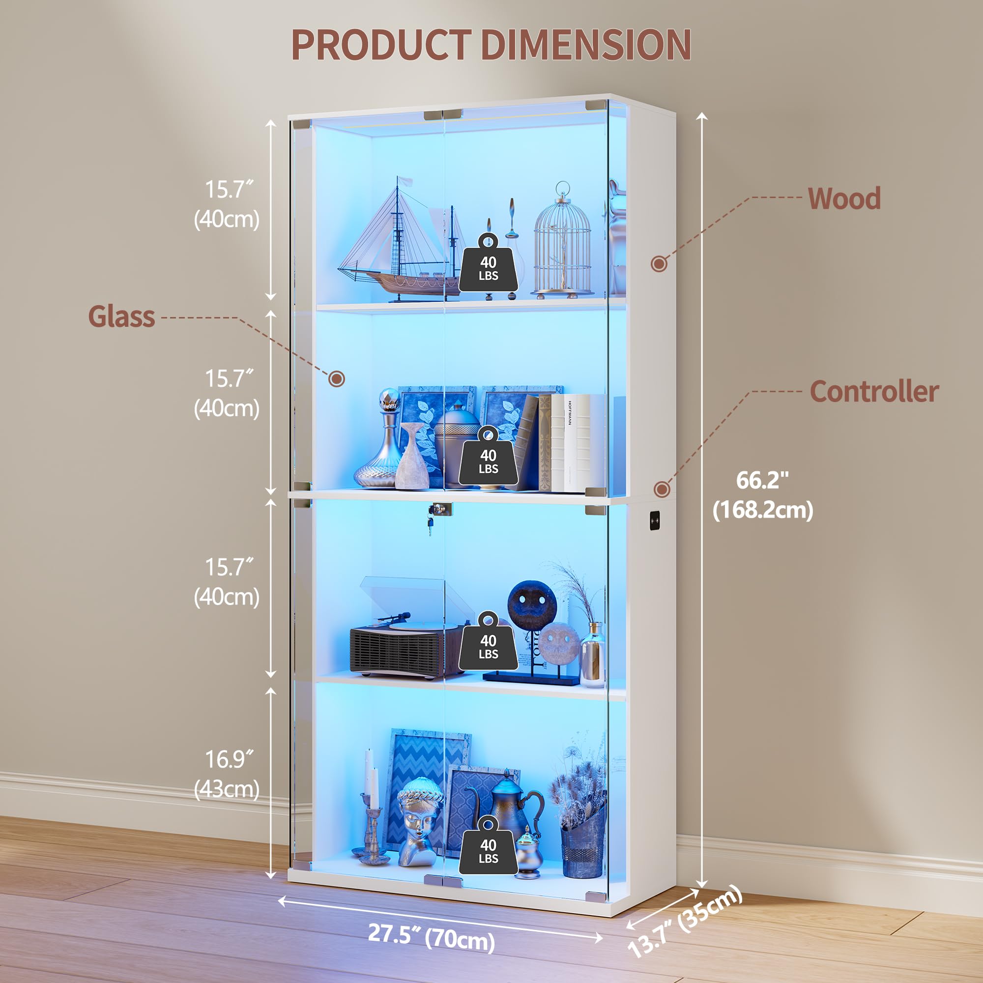 Glass Display Cabinet with LED Lights 4-Tier Curio Display Case with Lock
