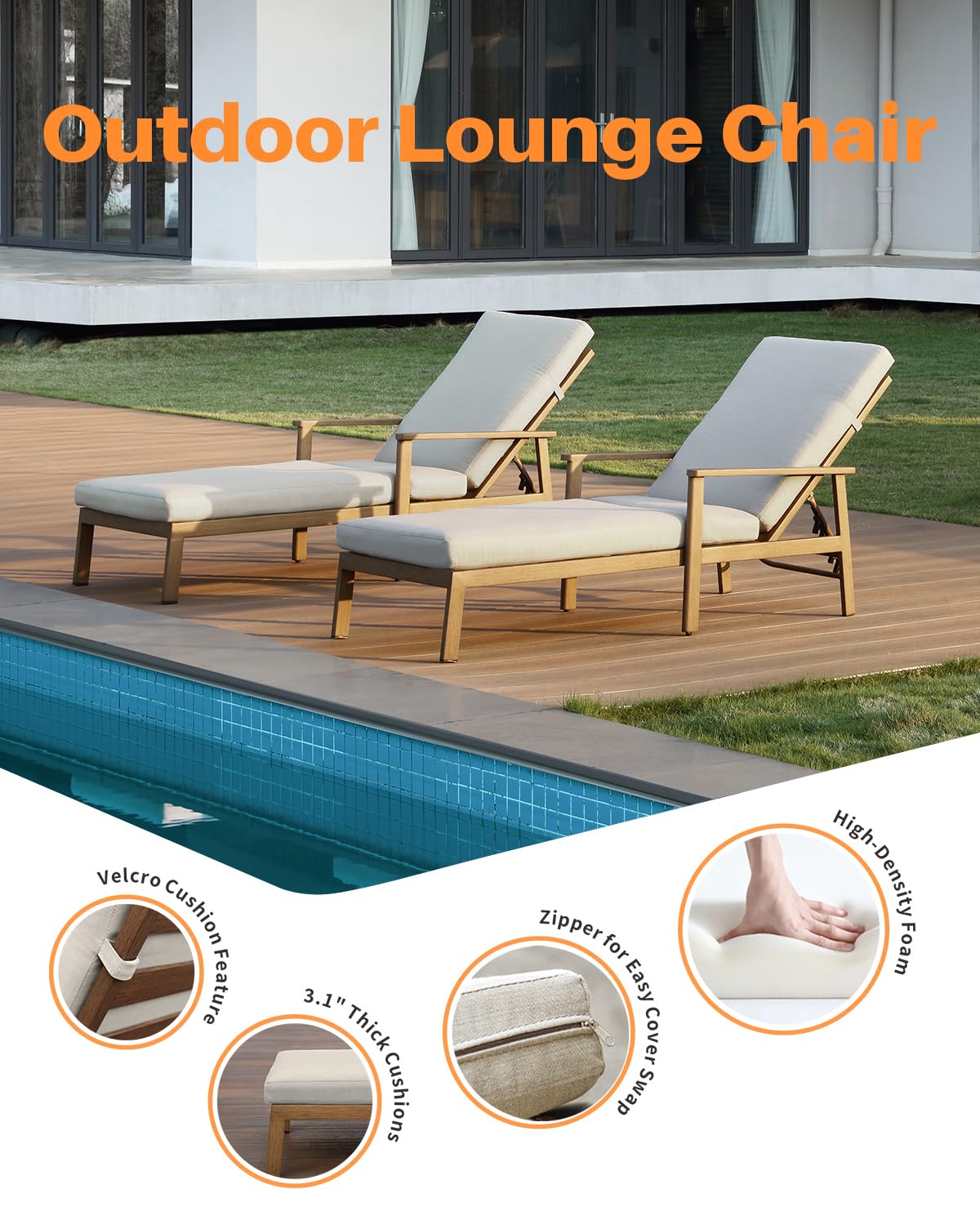 2-Pack Teak Chaise Lounge Chairs with Gray Cushions