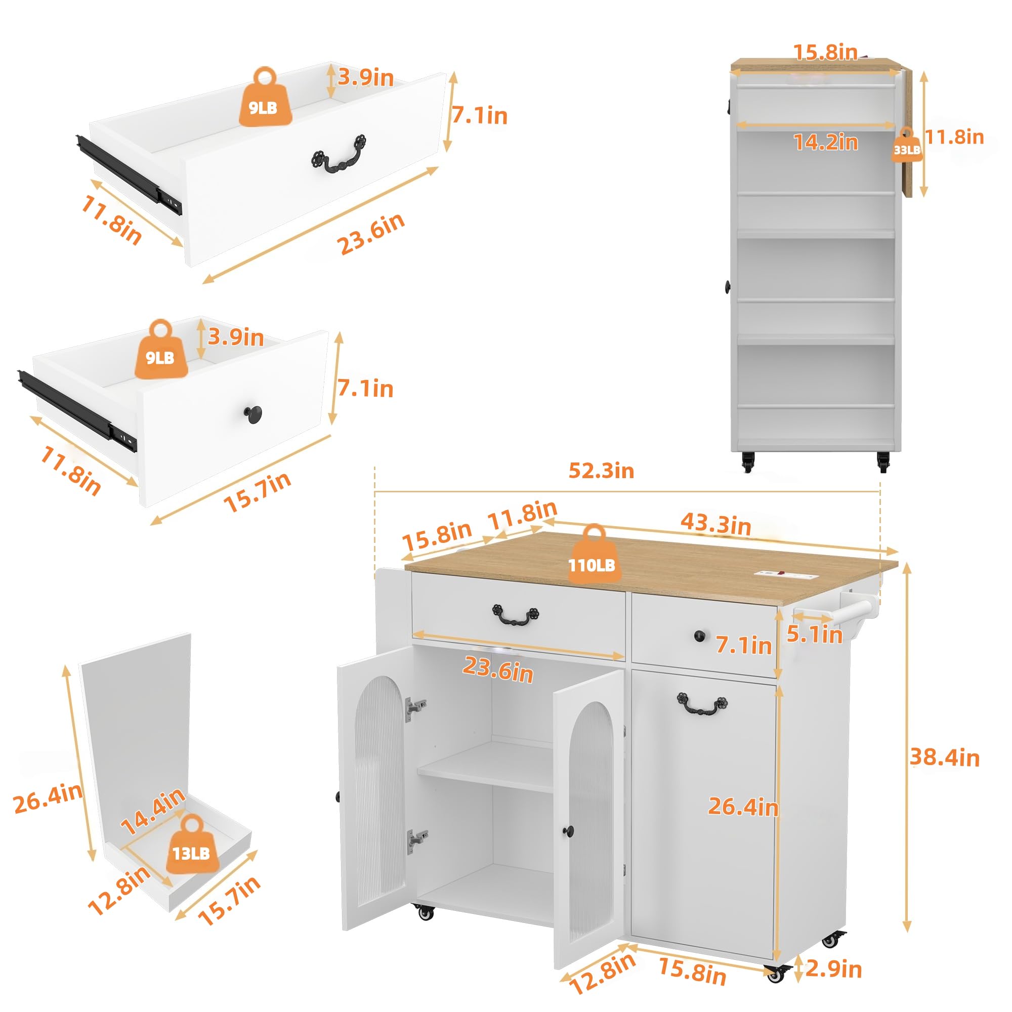 Rolling Kitchen Island with Trash Can Storage and Power Outlets