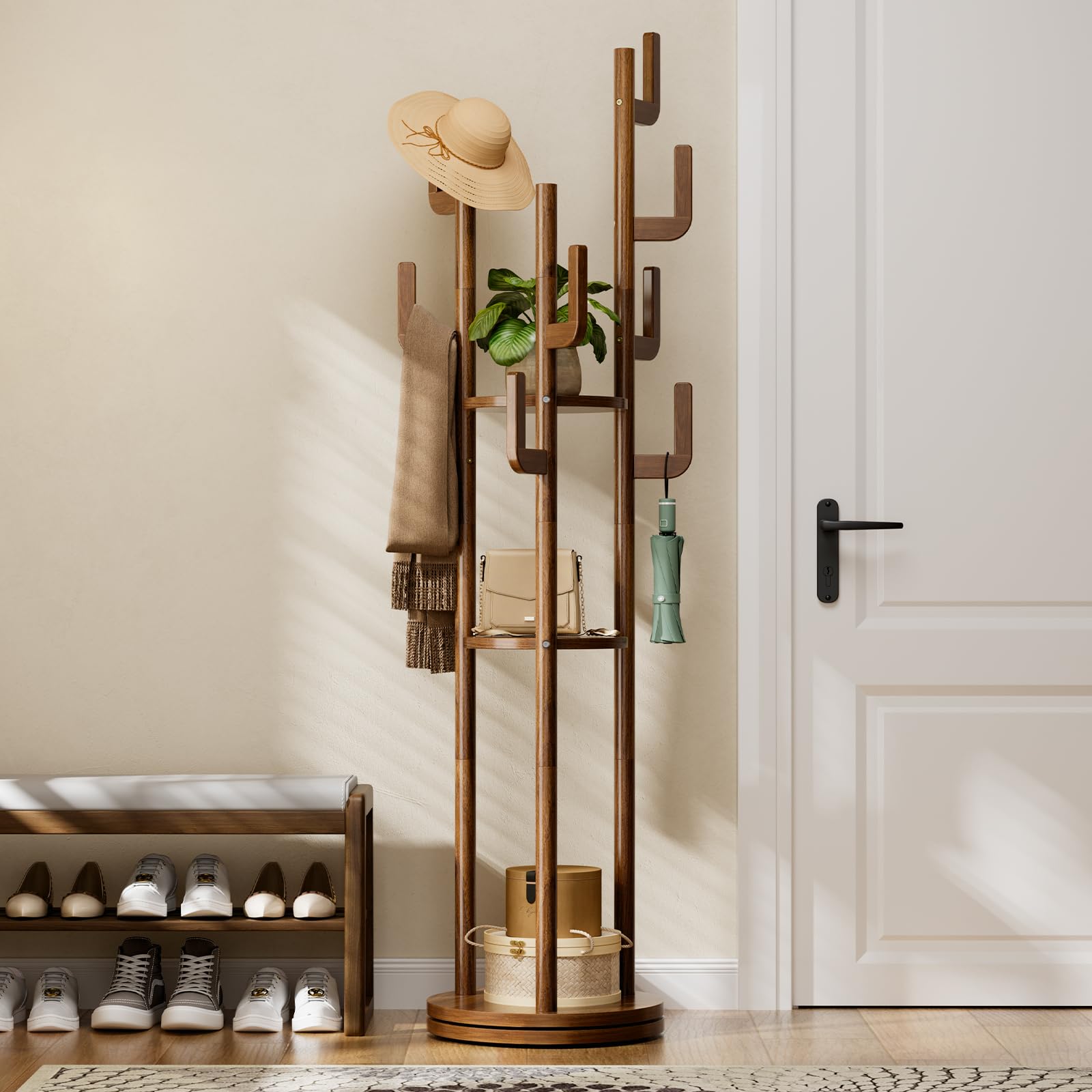 Rotary Coat Rack Freestanding with 9 Hooks & 3 Shelves