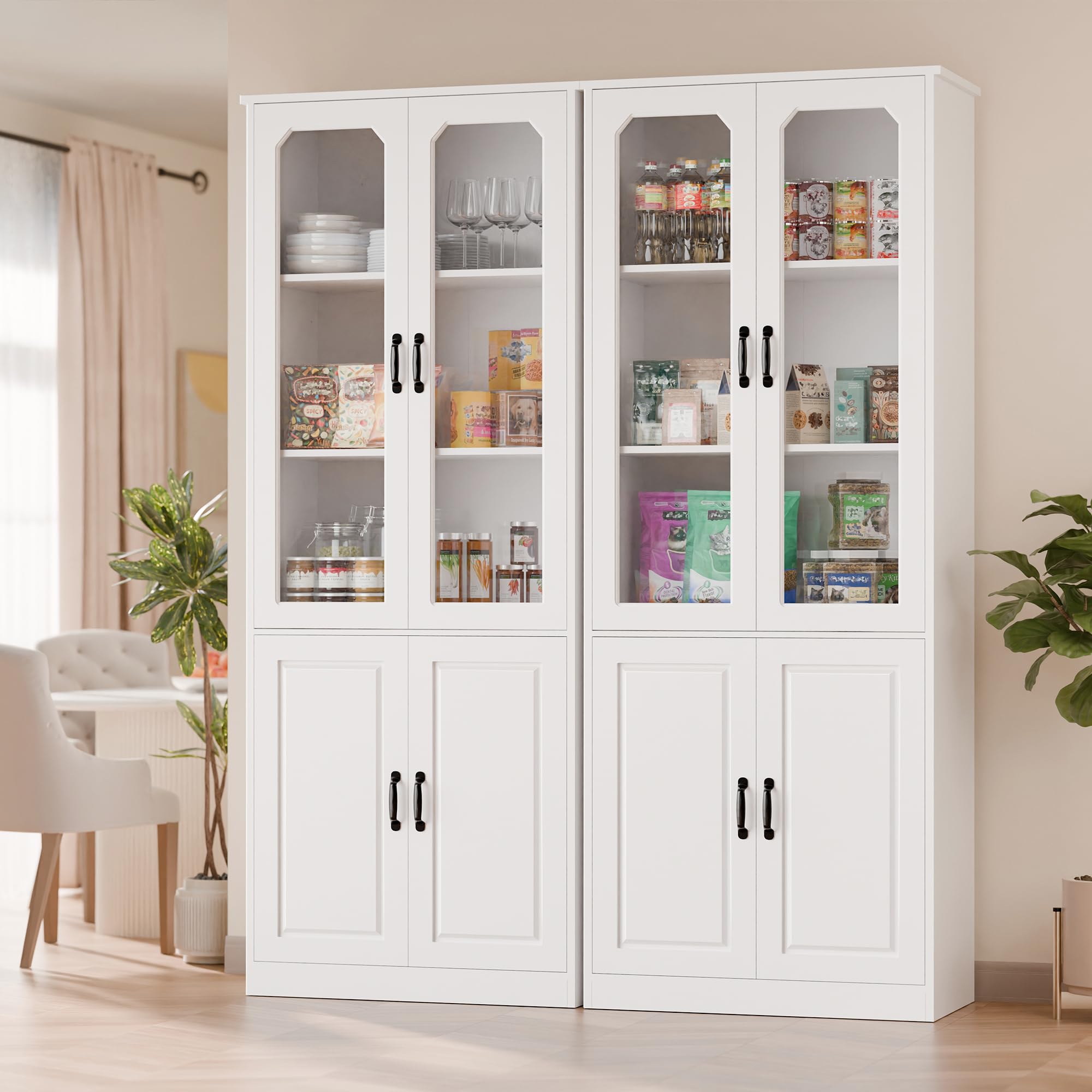 Tall Kitchen Pantry Cabinet with Glass Doors