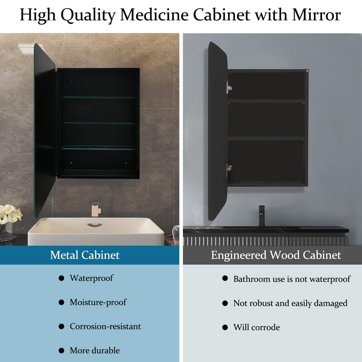 16" x 26" Frameless Medicine Cabinet with Mirror - Black