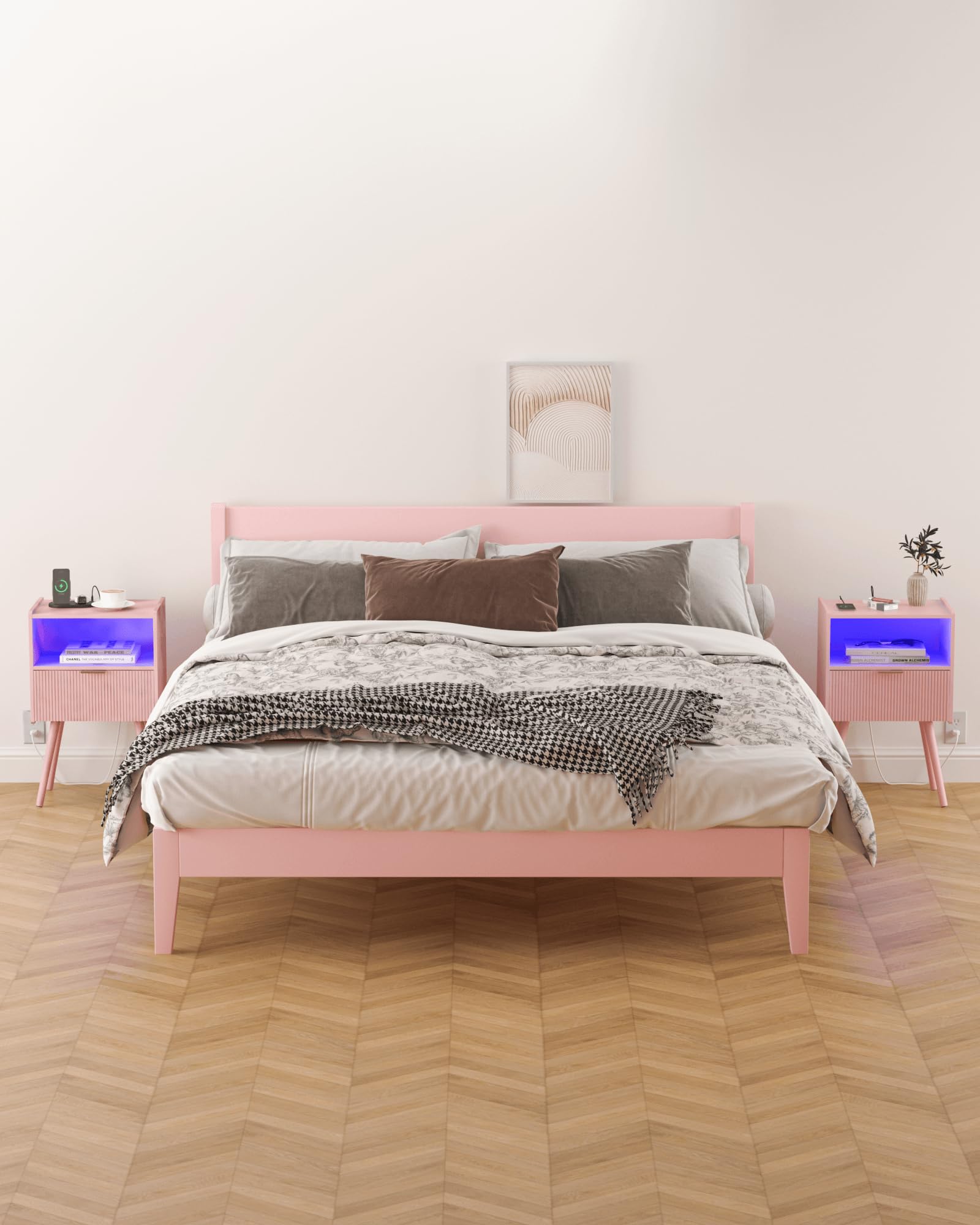 Pink Nightstand with Charging Station and LED Lights