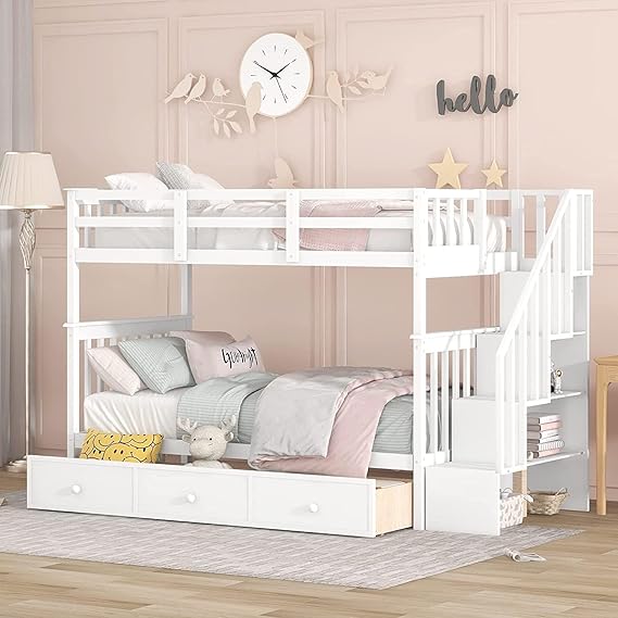 Twin Over Twin Bunk Bed with Trundle and Stairs