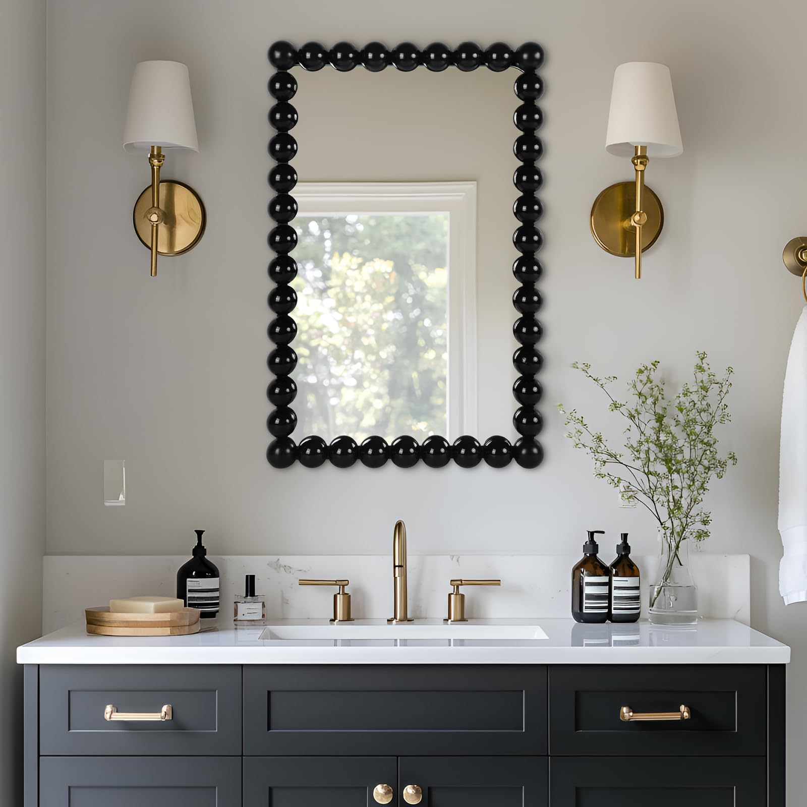 Decorative Beaded Wall Mirror Rectangular Black 28x18