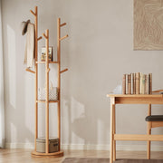 Solid Wood Rotary Coat Rack with 3 Shelves and 9 Hooks