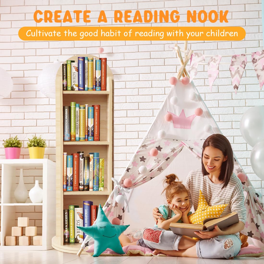 Kids Rotating Bookshelf with Mirror 48 Inch Wood Floor Standing