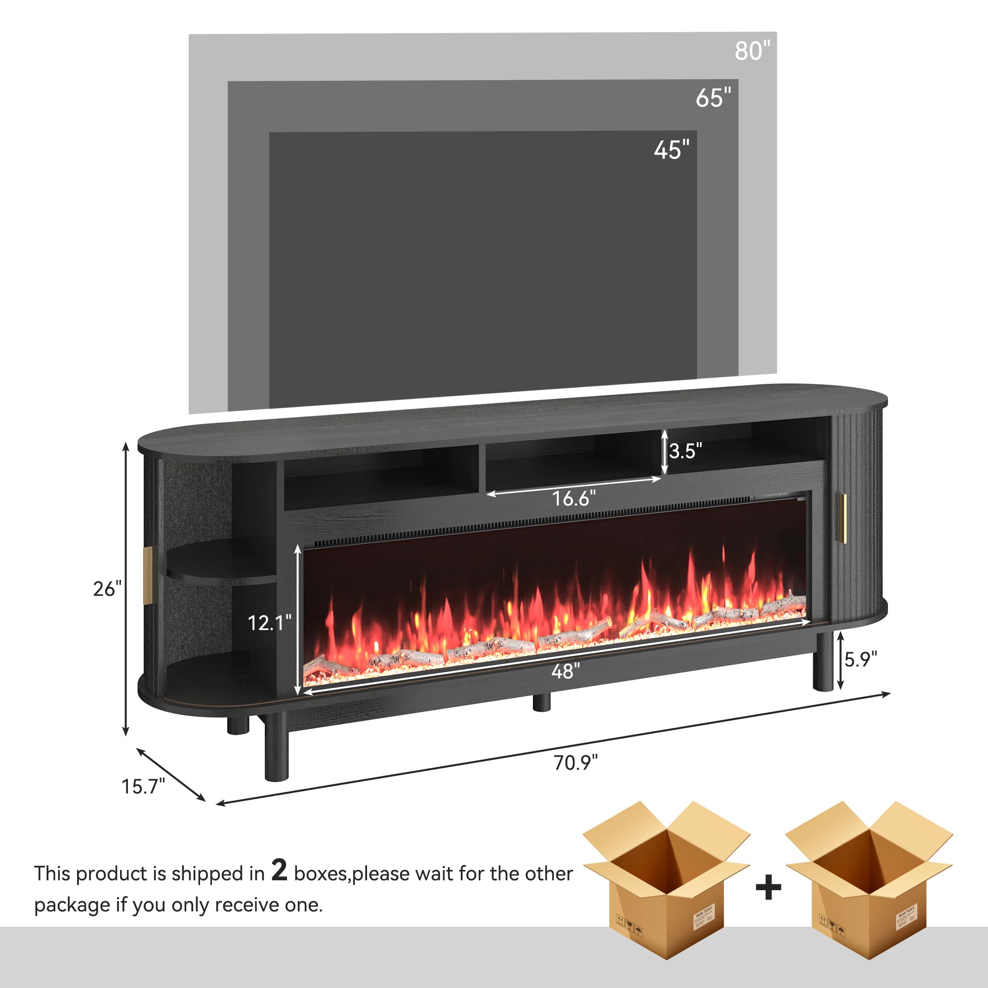 70 Inch Curved Fireplace TV Stand with Storage
