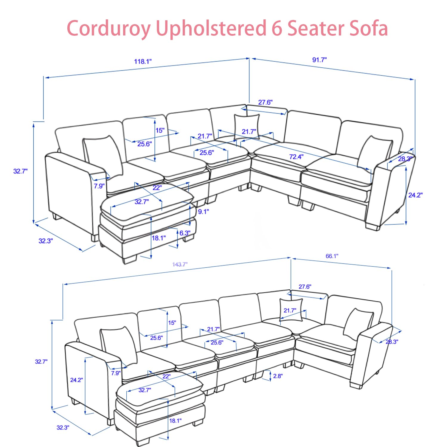 Large Modular Sectional Sofa 6-Seat with Ottoman