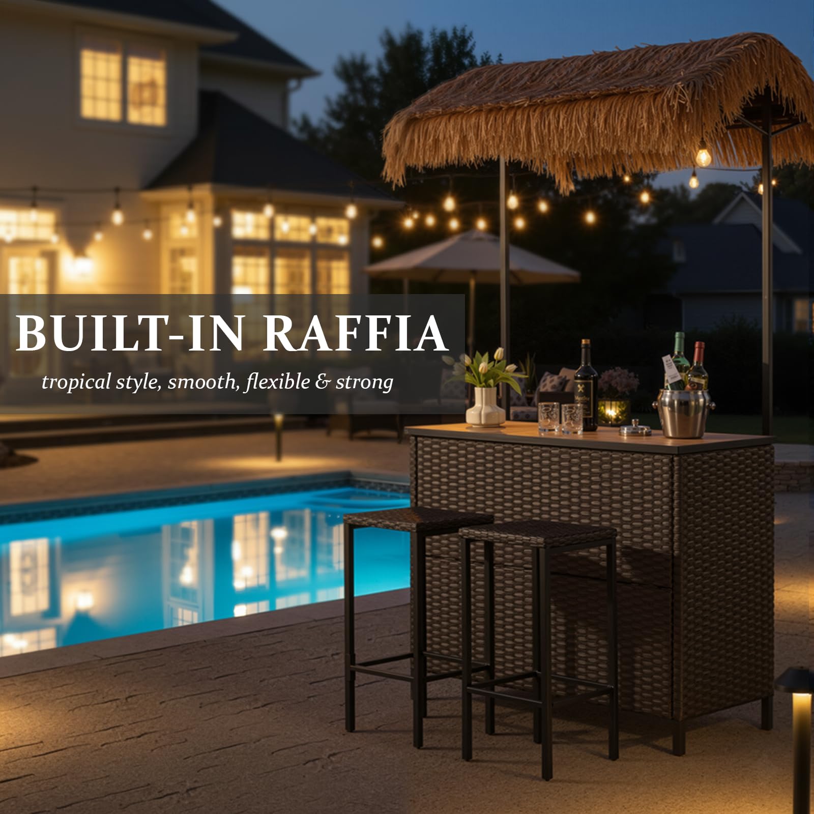 Outdoor Tiki Bar Set with Palapa Top and 2 Stools