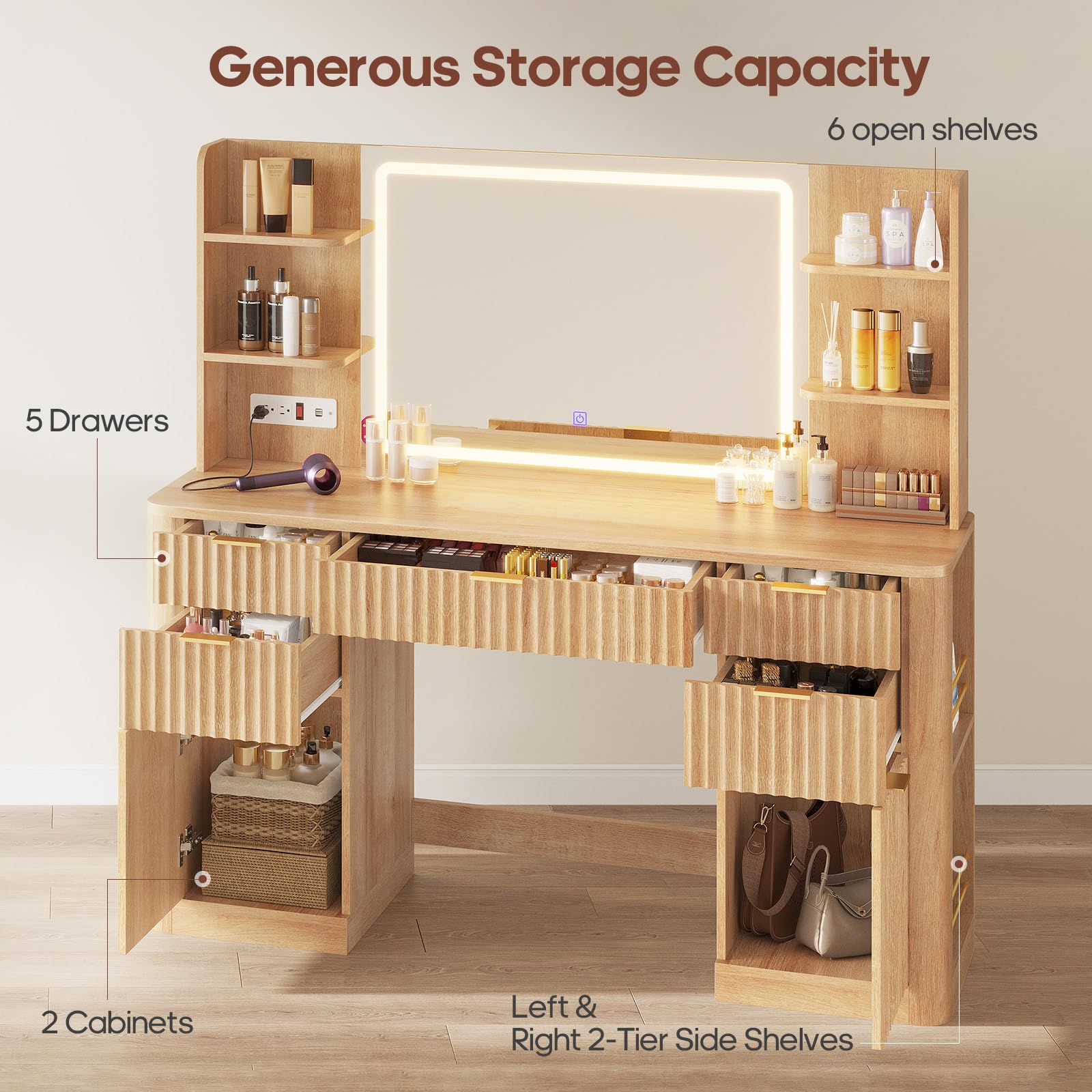 51.2" Fluted Makeup Vanity Desk with Mirror and Lights