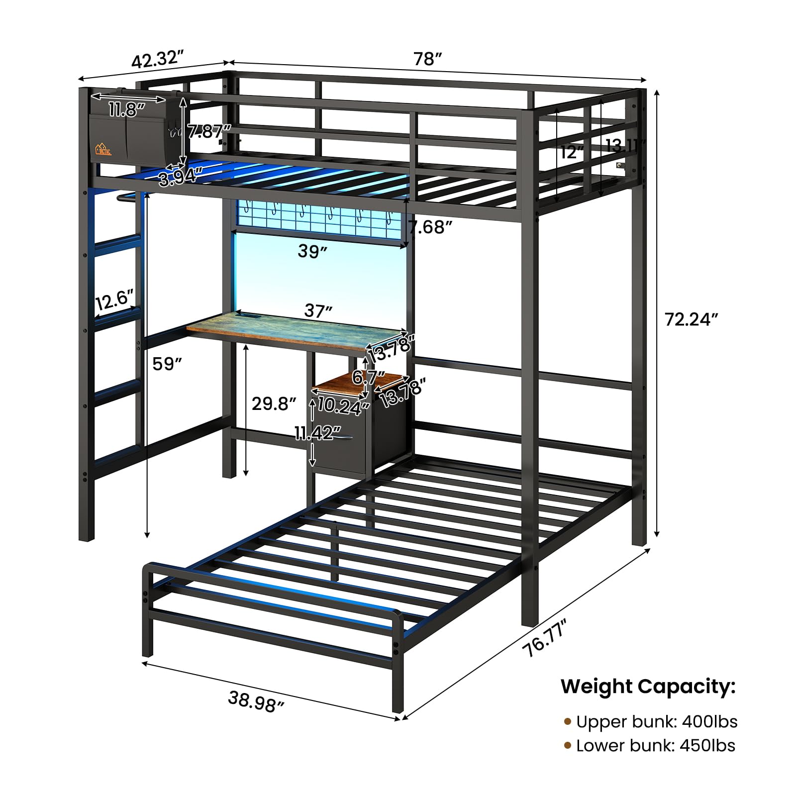 L-Shaped Twin Over Twin Bunk Bed with Desk and LED Lights