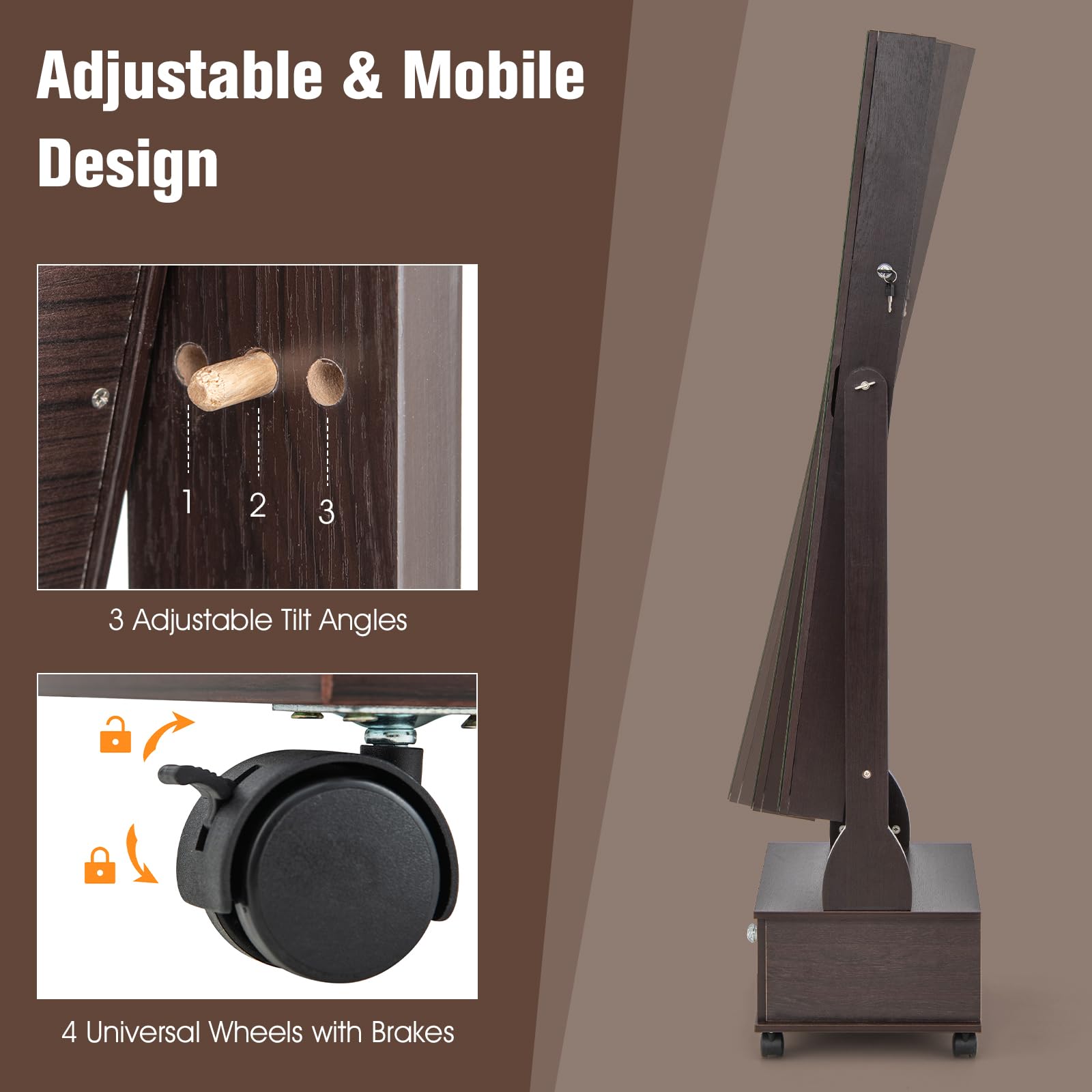 Rolling Jewelry Armoire with Full Length Mirror and LED Lights