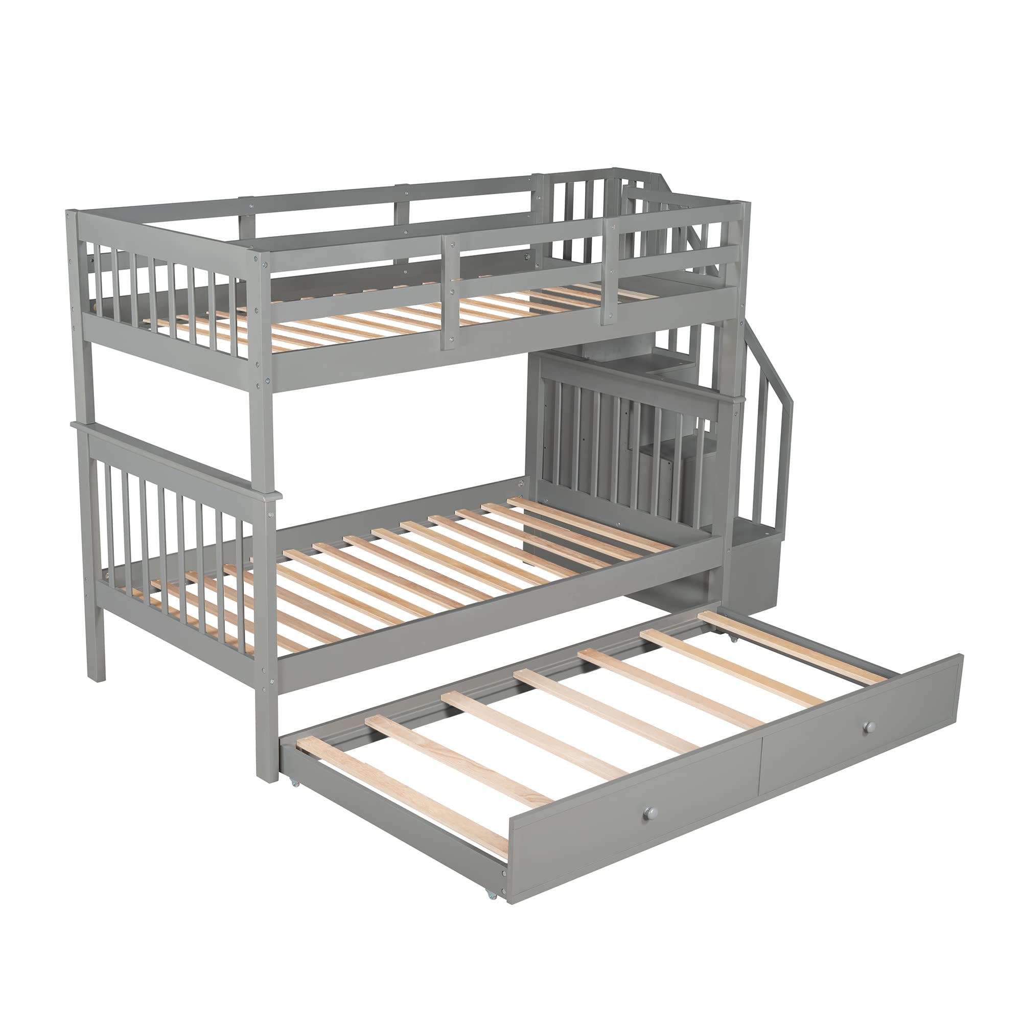 Twin Over Twin Bunk Bed with Trundle and Stairs