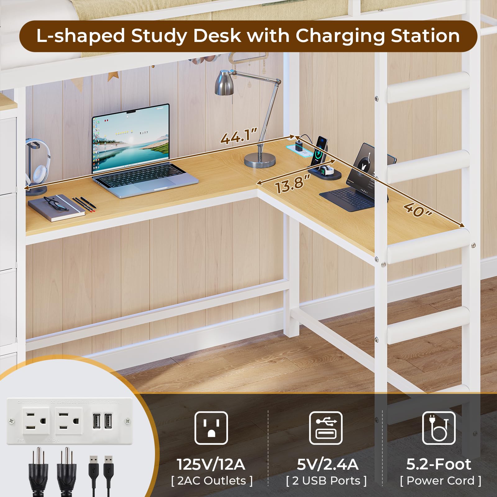 Twin Loft Bed with L-Shaped Desk and Storage Drawers