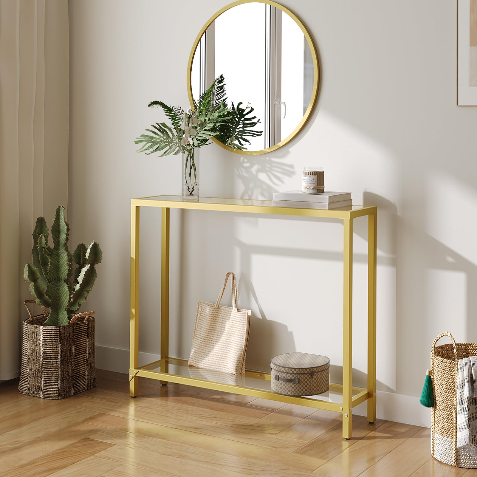 39.4" Narrow Console Table with Tempered Glass and Metal Frame
