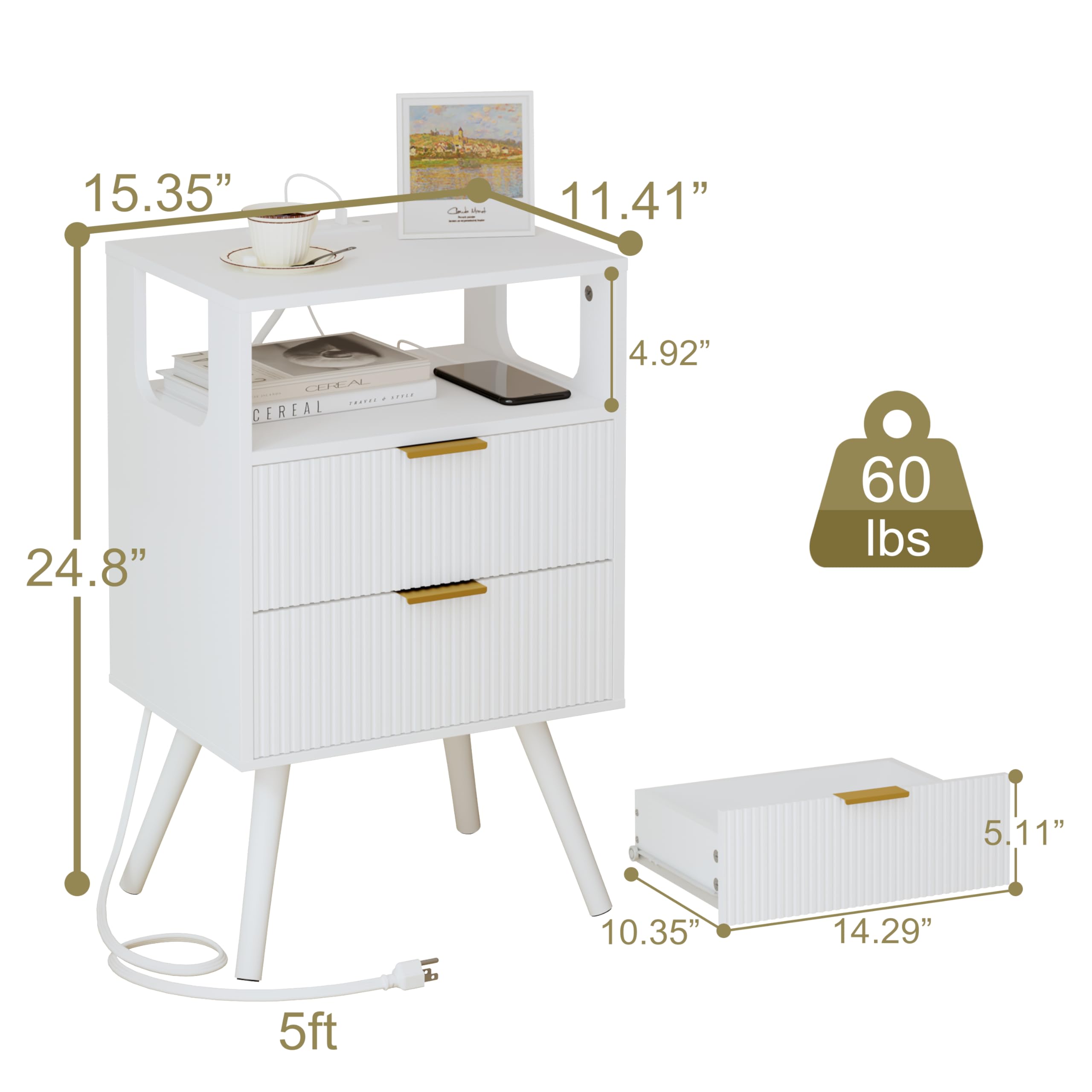 White Nightstand with Charging Station and LED Lights