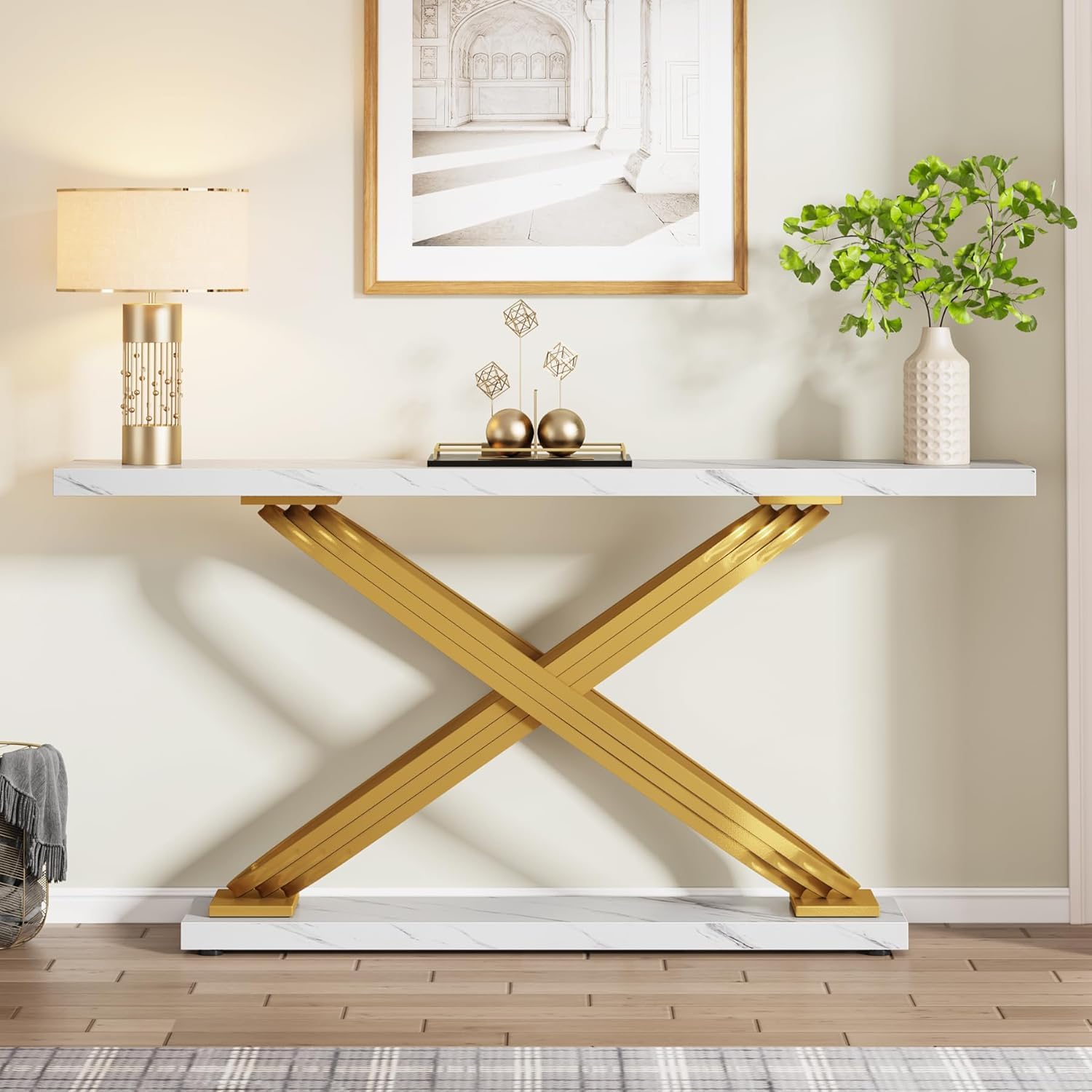 55 Inch Modern Console Table with Gold Metal Frame