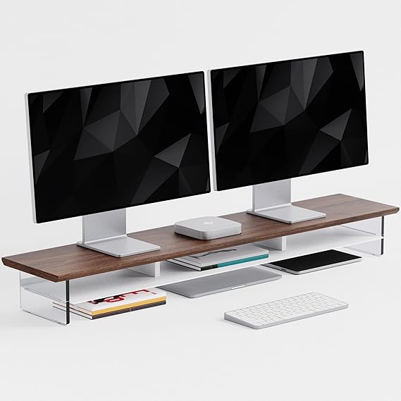 Dual-Tier Monitor Stand with Wooden Shelf and Metal Frame