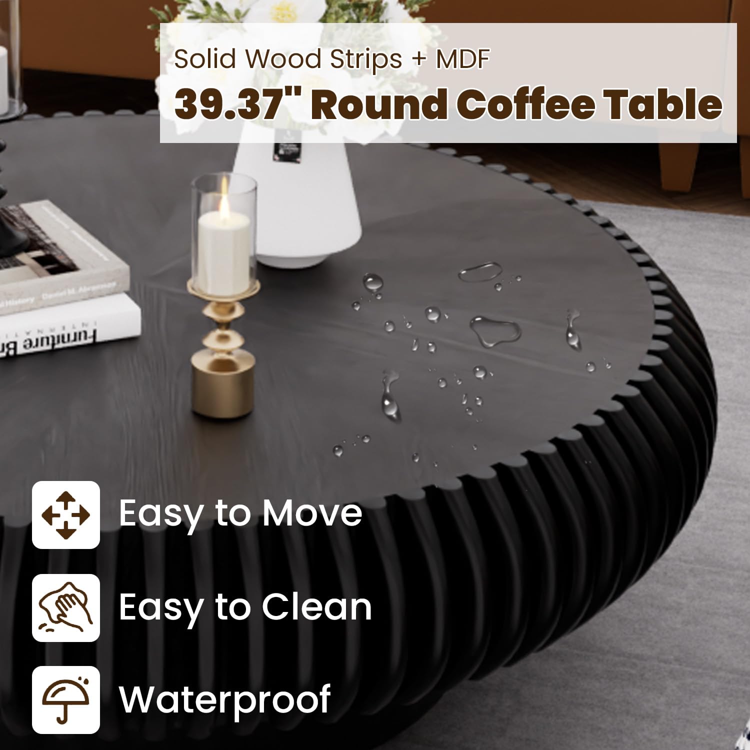 Round Fluted Coffee Table 39.3" Black