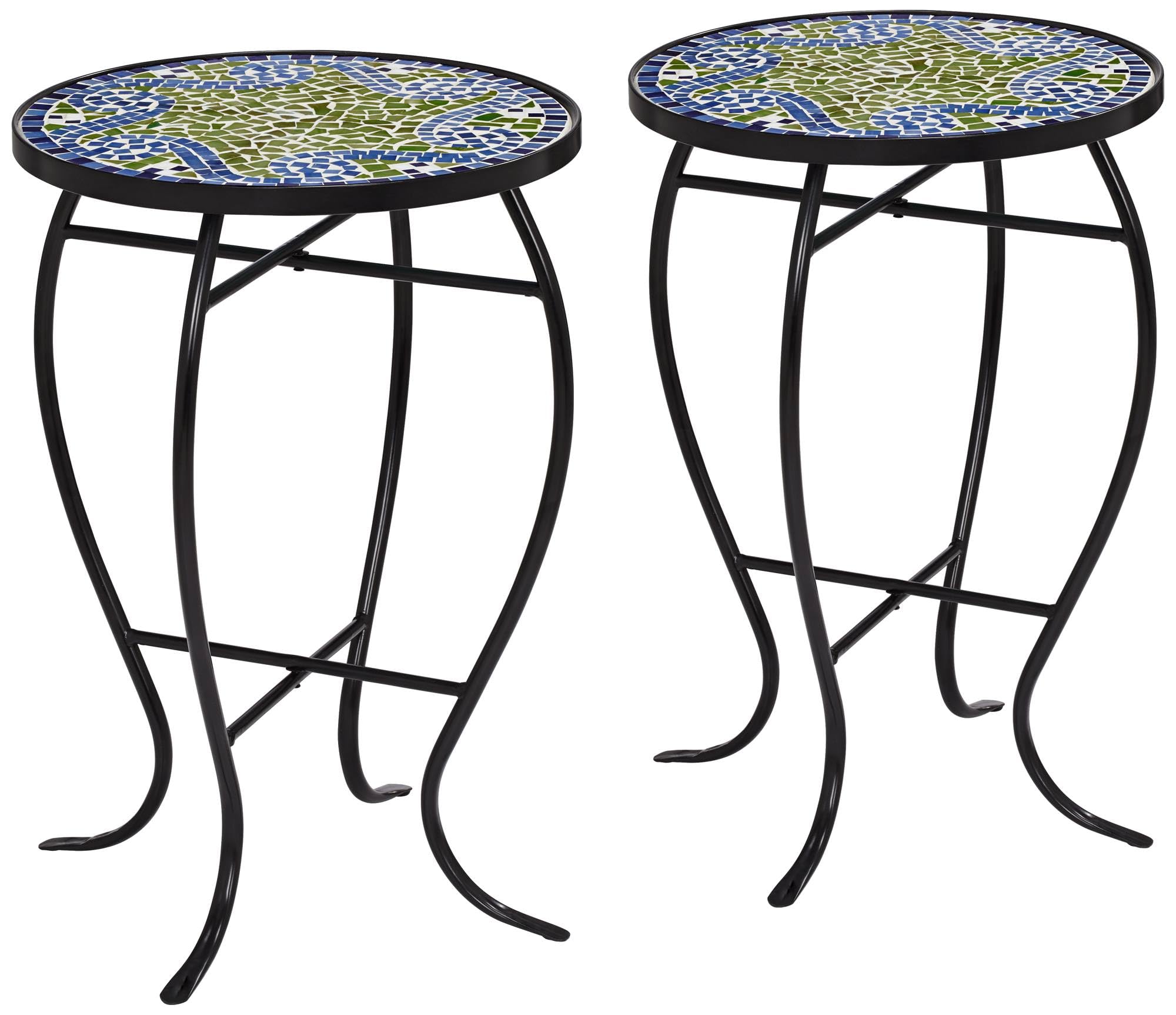 Ocean Wave Mosaic Round Outdoor Accent Tables Set of 2