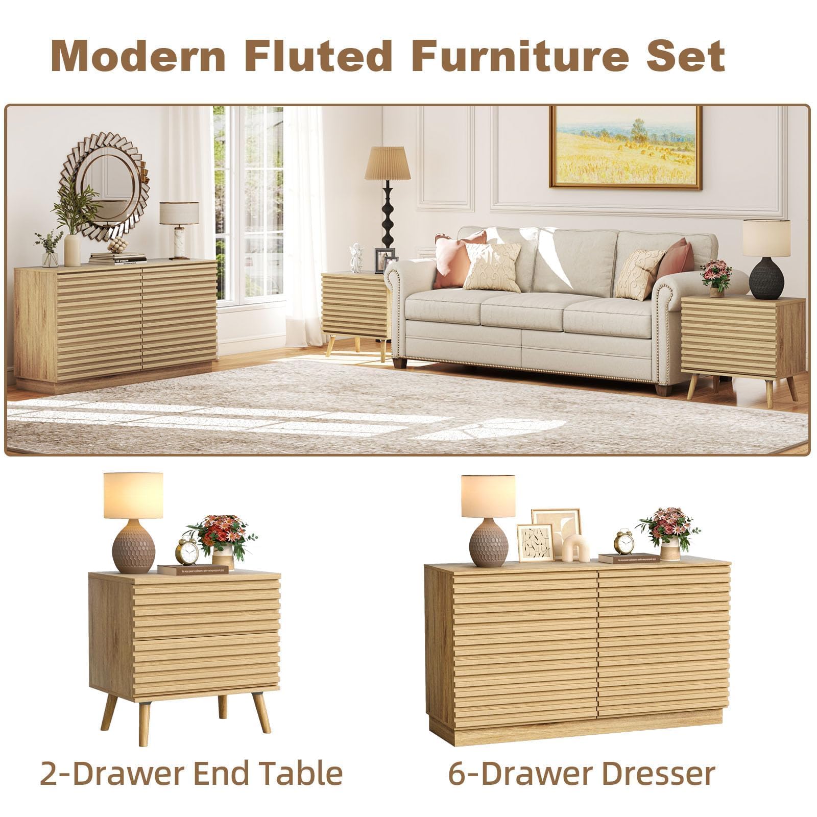 Fluted Dresser 6 Drawer Wide Chest Natural Wood TV Stand