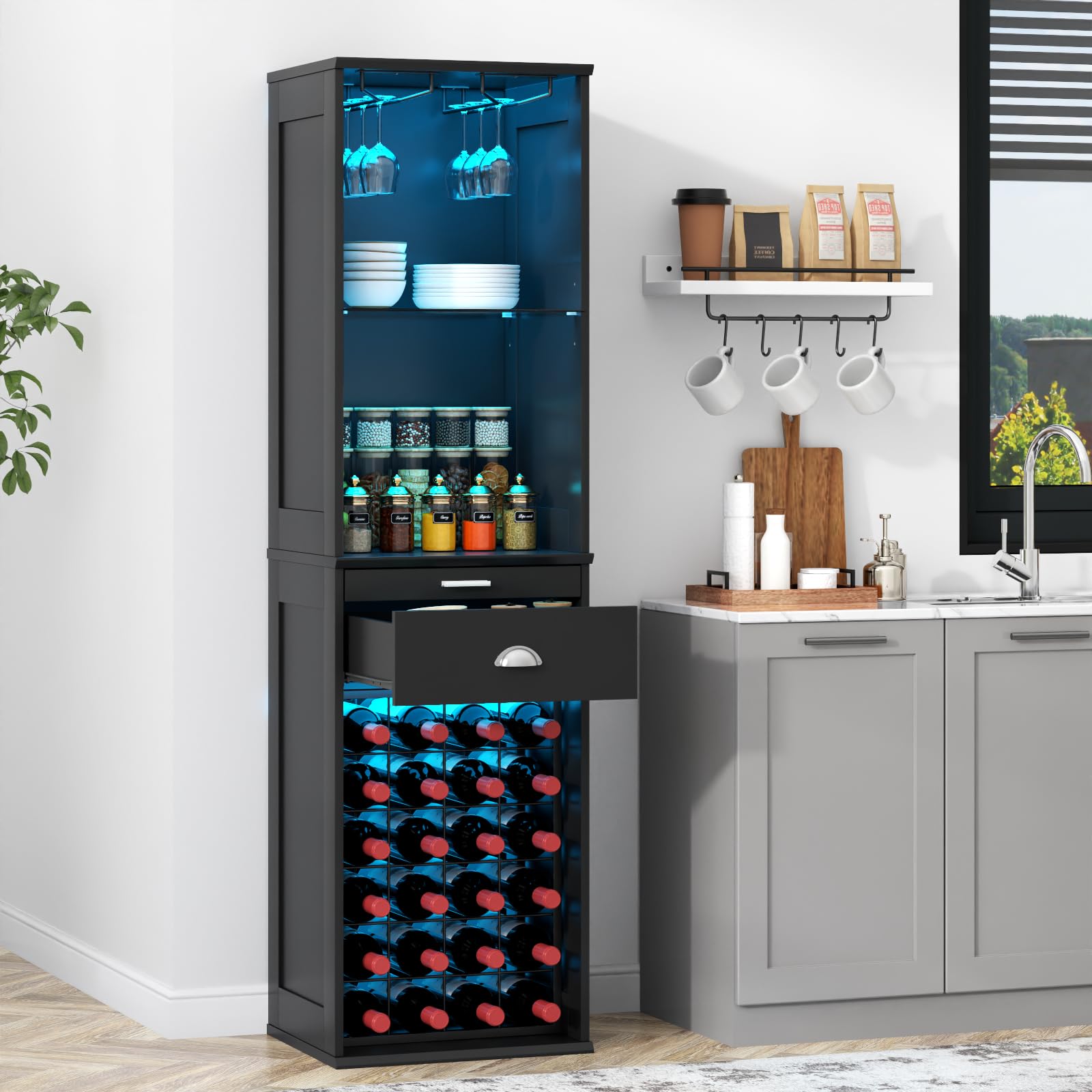 Wine Bar Cabinet with LED Lights 65 Inch Tall