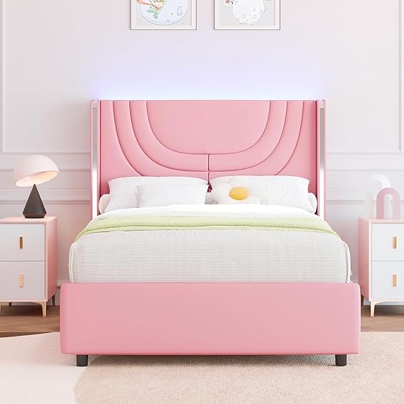 Full Size LED Bed Frame with Upholstered Wingback Headboard
