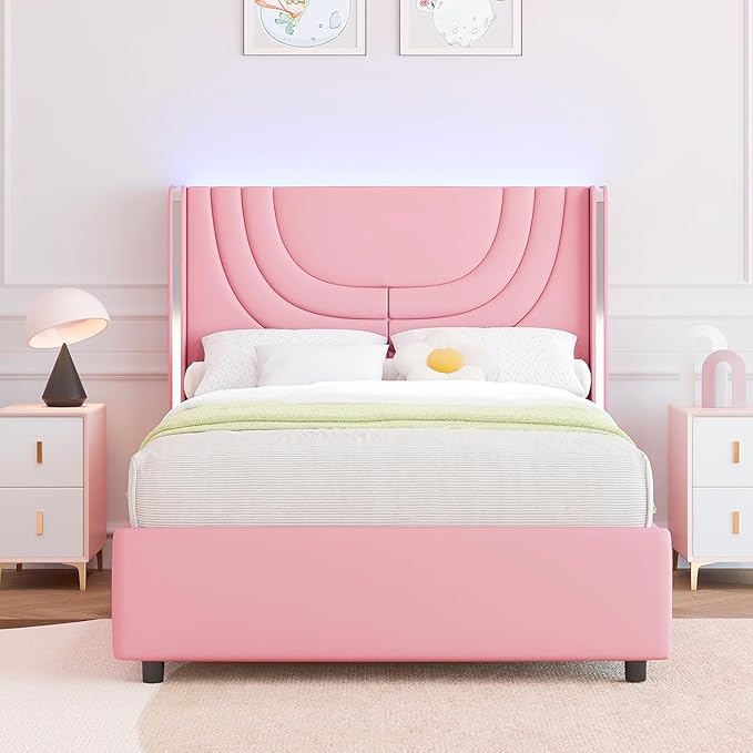 Queen Bed Frame with LED Lights and Faux Leather Upholstered Headboard