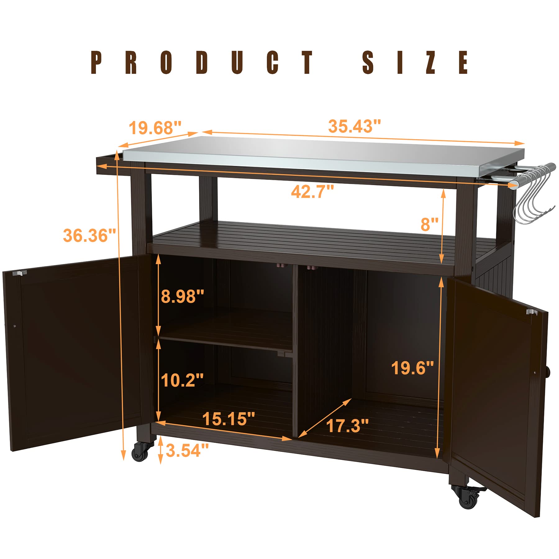Outdoor Storage Cabinet Solid Wood Prep Grill Table with Stainless Steel Top