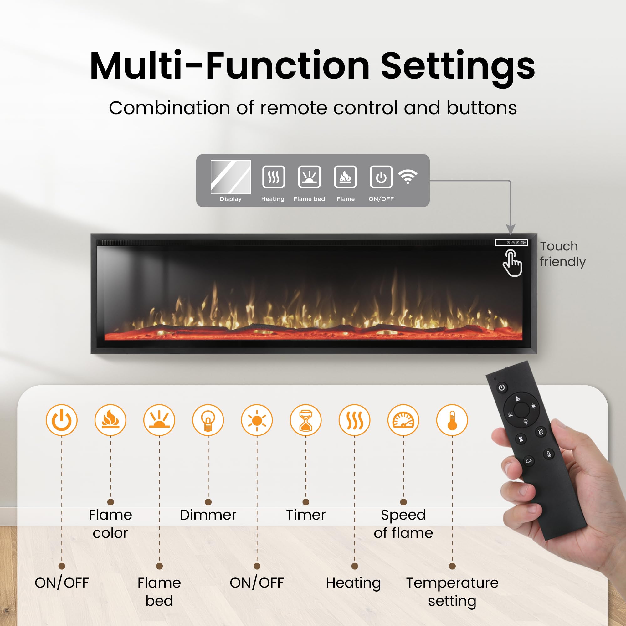72" Electric Fireplace Wall Mounted with Remote Control