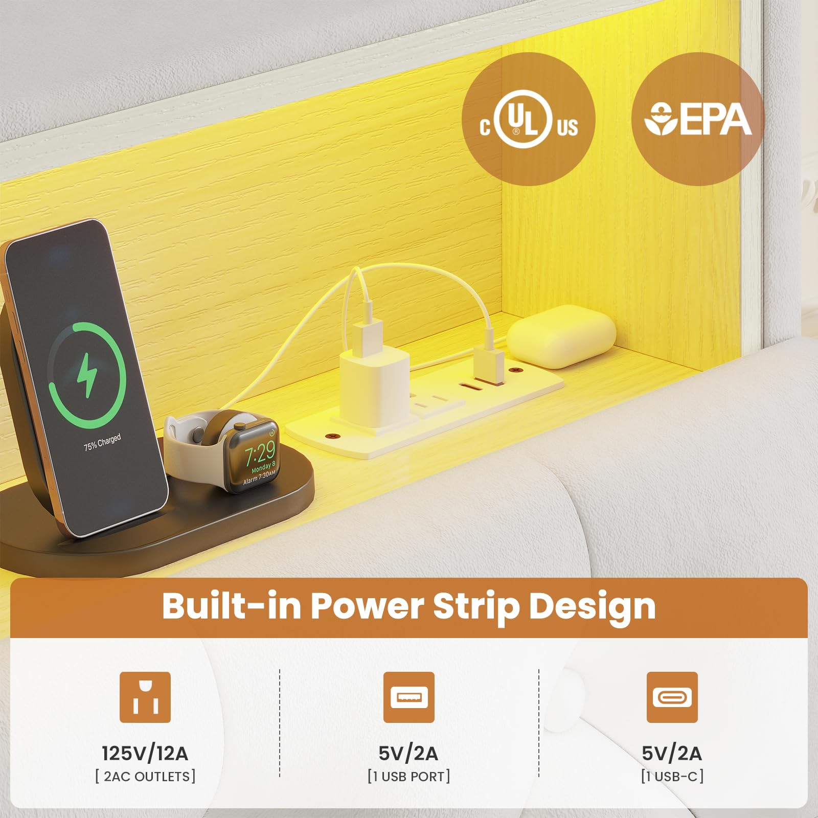 HAUOMS Full Size Bed Frame with Bookcase Headboard,LED Bed Frame with Charging Station, 4 Storage Drawer, Modern Velvet Upholstered Platform Bed with 5 Shelf, No Box Spring Needed, Creamy White