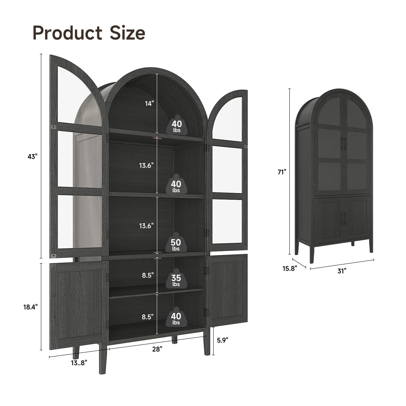 71" Tall Arched Cabinet with Glass Doors