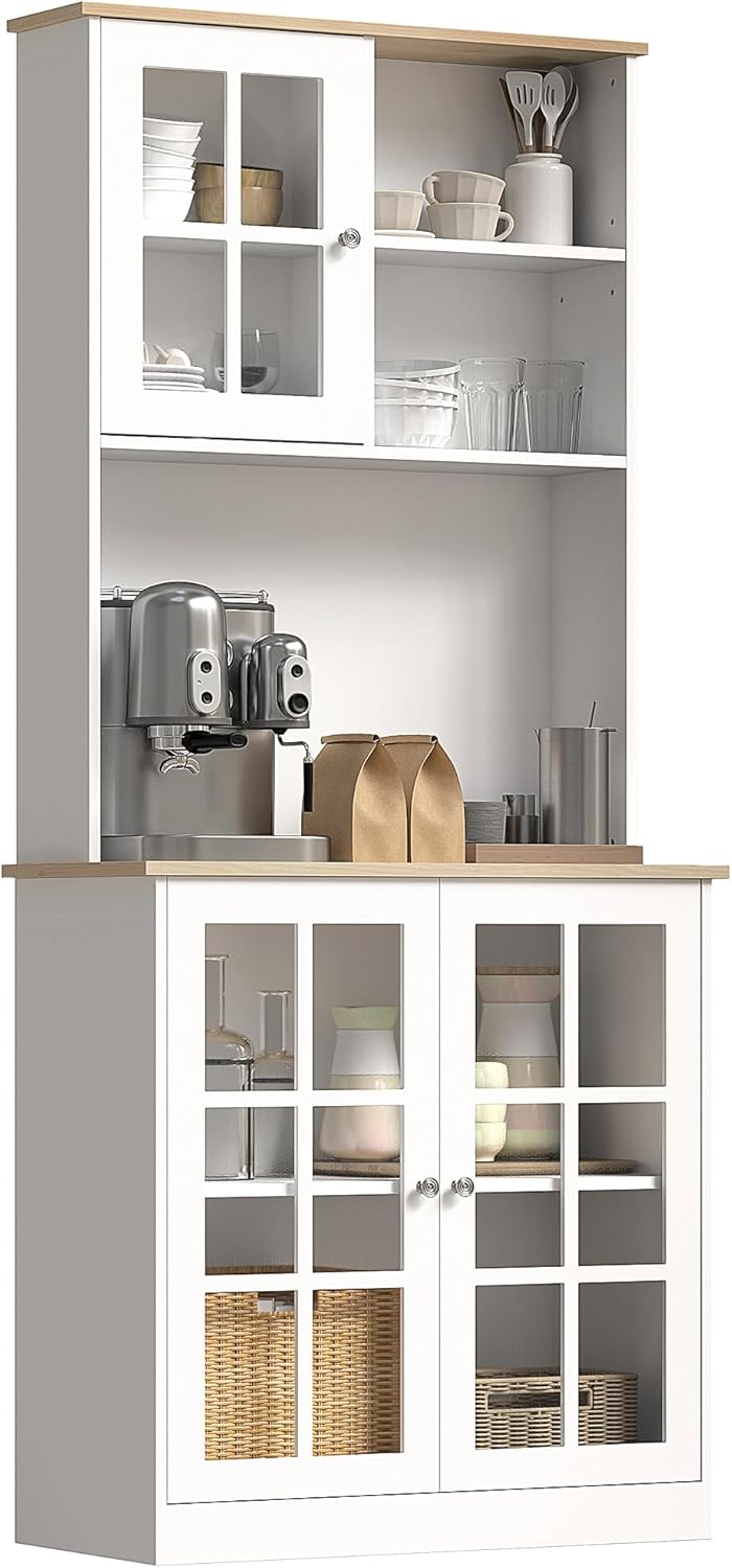 Kitchen Pantry Storage Cabinet 72" with Glass Doors