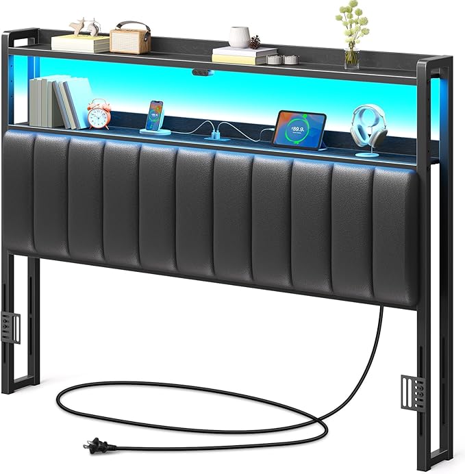 Queen Size Upholstered Headboard with LED Lights and USB Charging