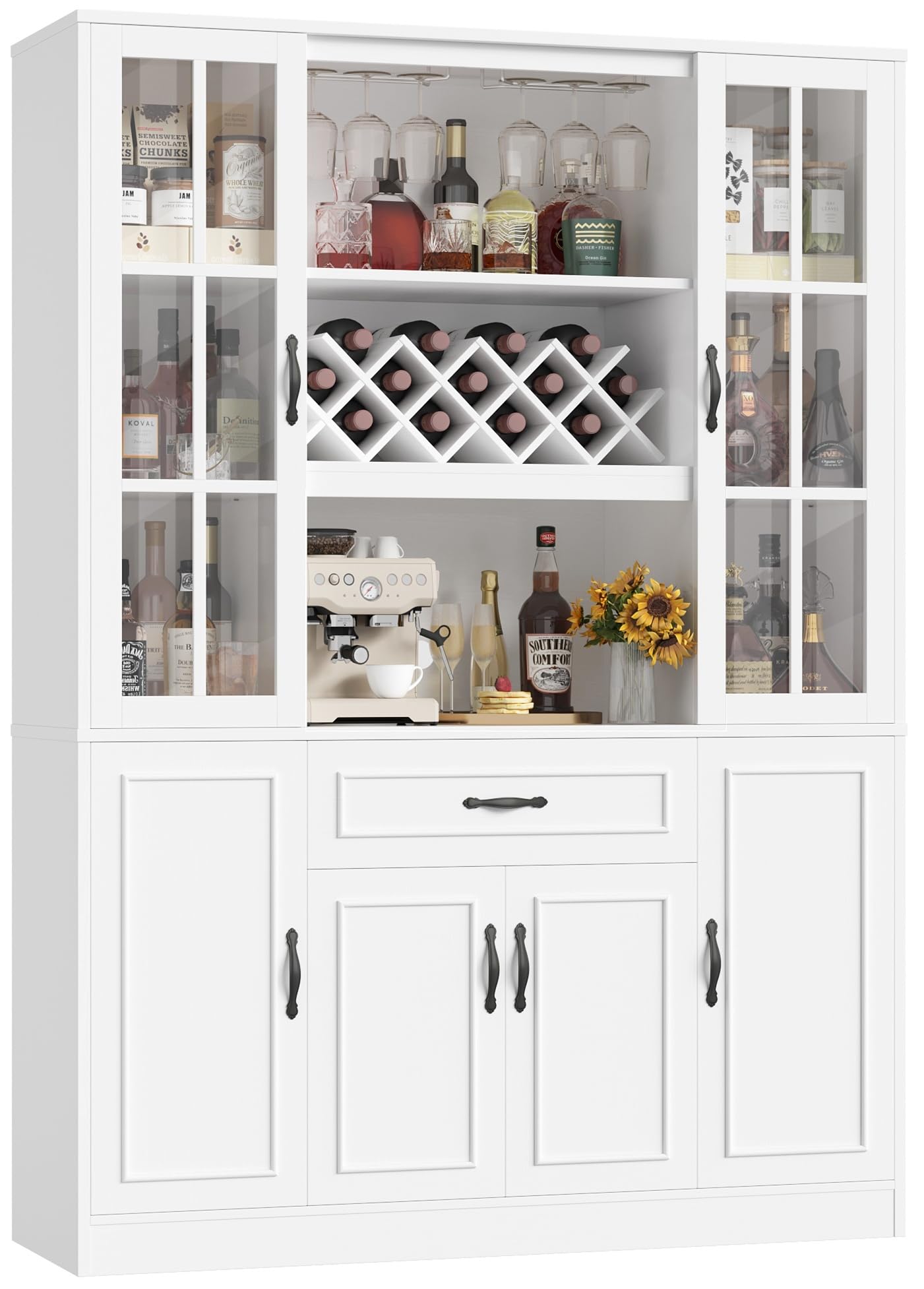 74" Kitchen Pantry Cabinet with Glass Door and Wine Rack