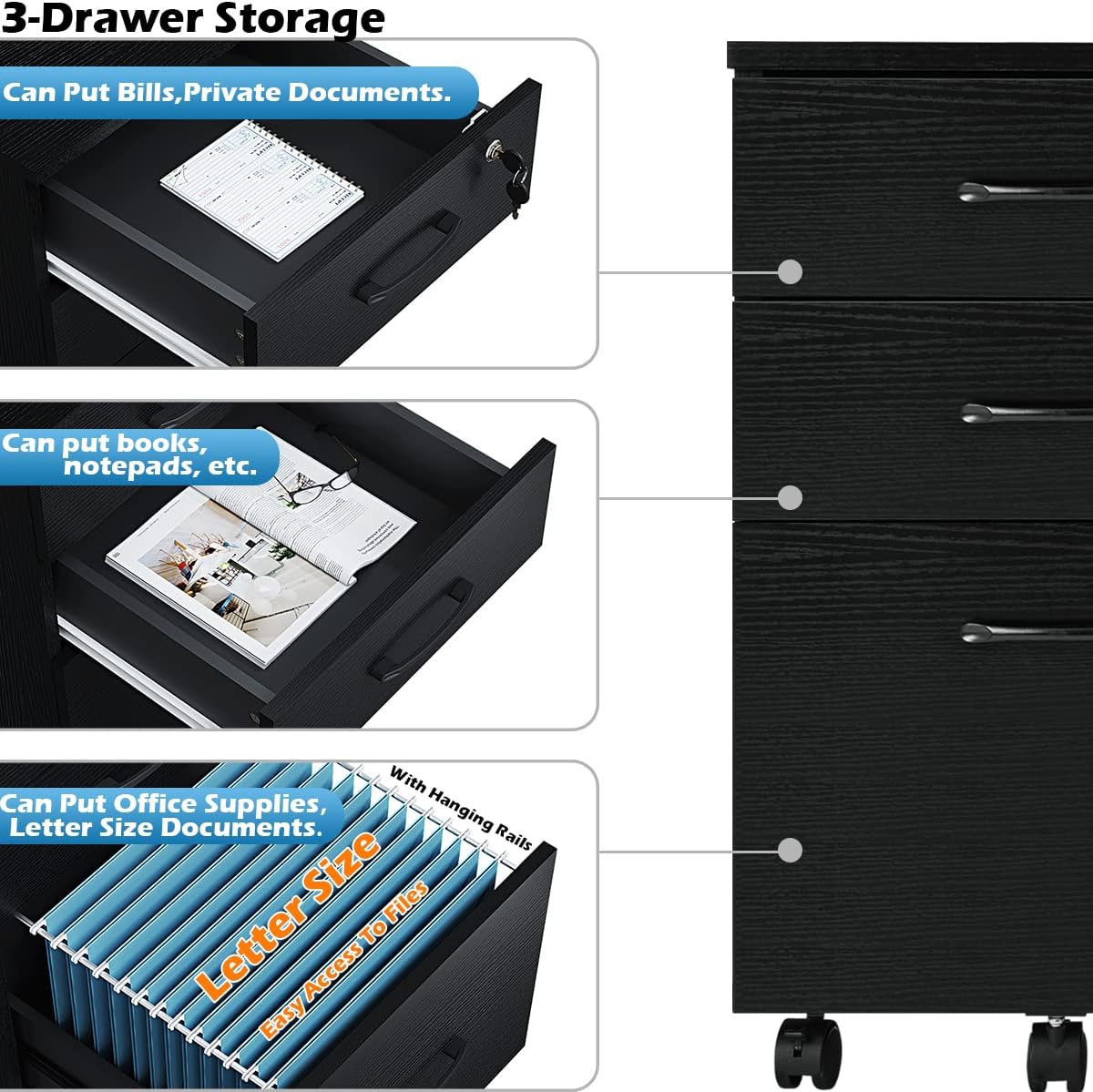 3 Drawer Mobile File Cabinet with Wheels