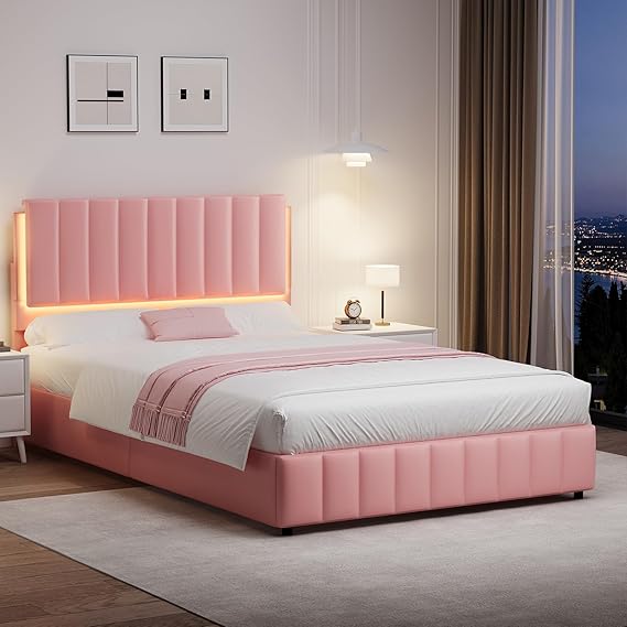 Pink Queen LED Bed Frame with Upholstered Headboard