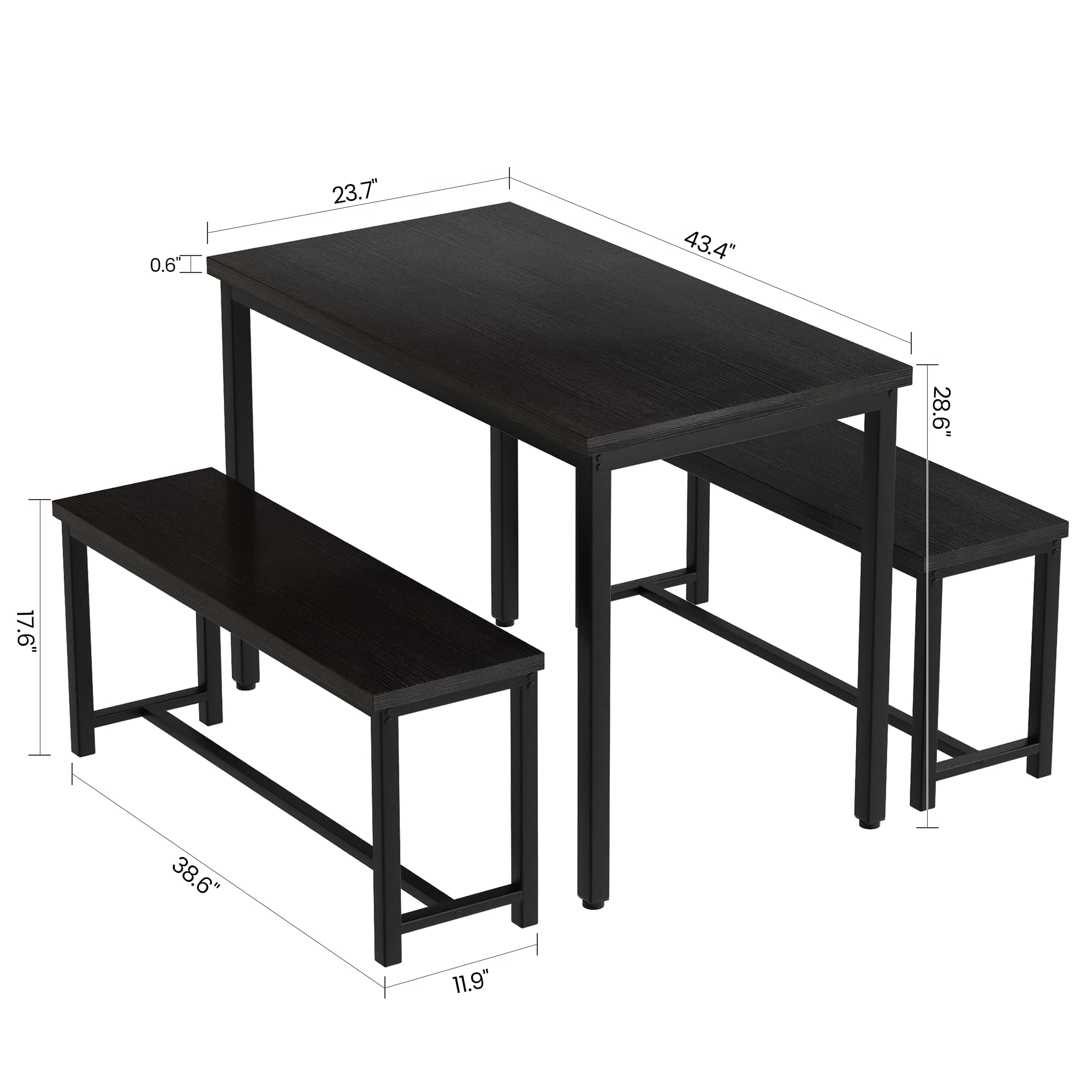 Recaceik Dining Table Set with Bench, 3 Pieces Dining Furniture Set Kitchen Table Set Sturdy Structure Space-Saving Dinette for Kitchen, Dining Room Breakfast Nook, Living Room, Black