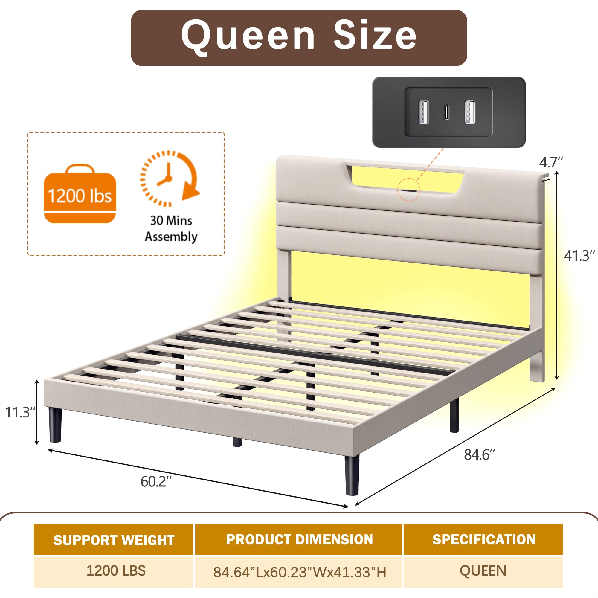 Queen Size Upholstered Platform Bed with LED Lights and Charging Station