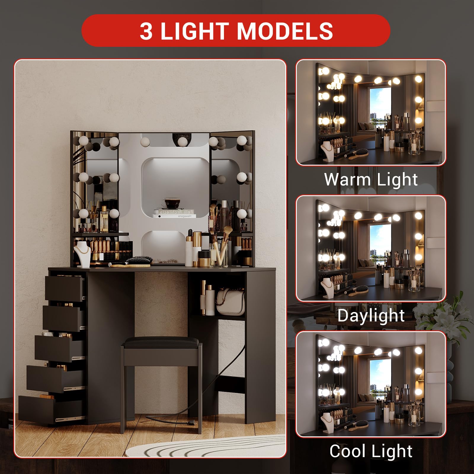 Corner Vanity Desk with Mirror and LED Lights