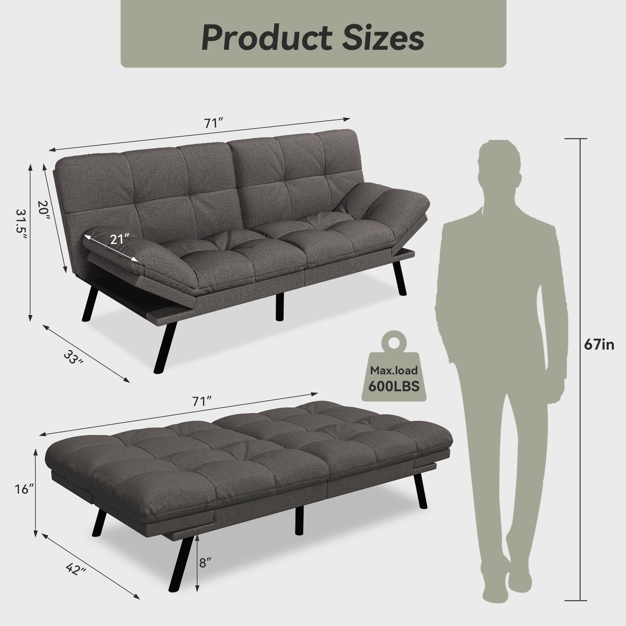 Convertible Futon Sofa Bed with Memory Foam