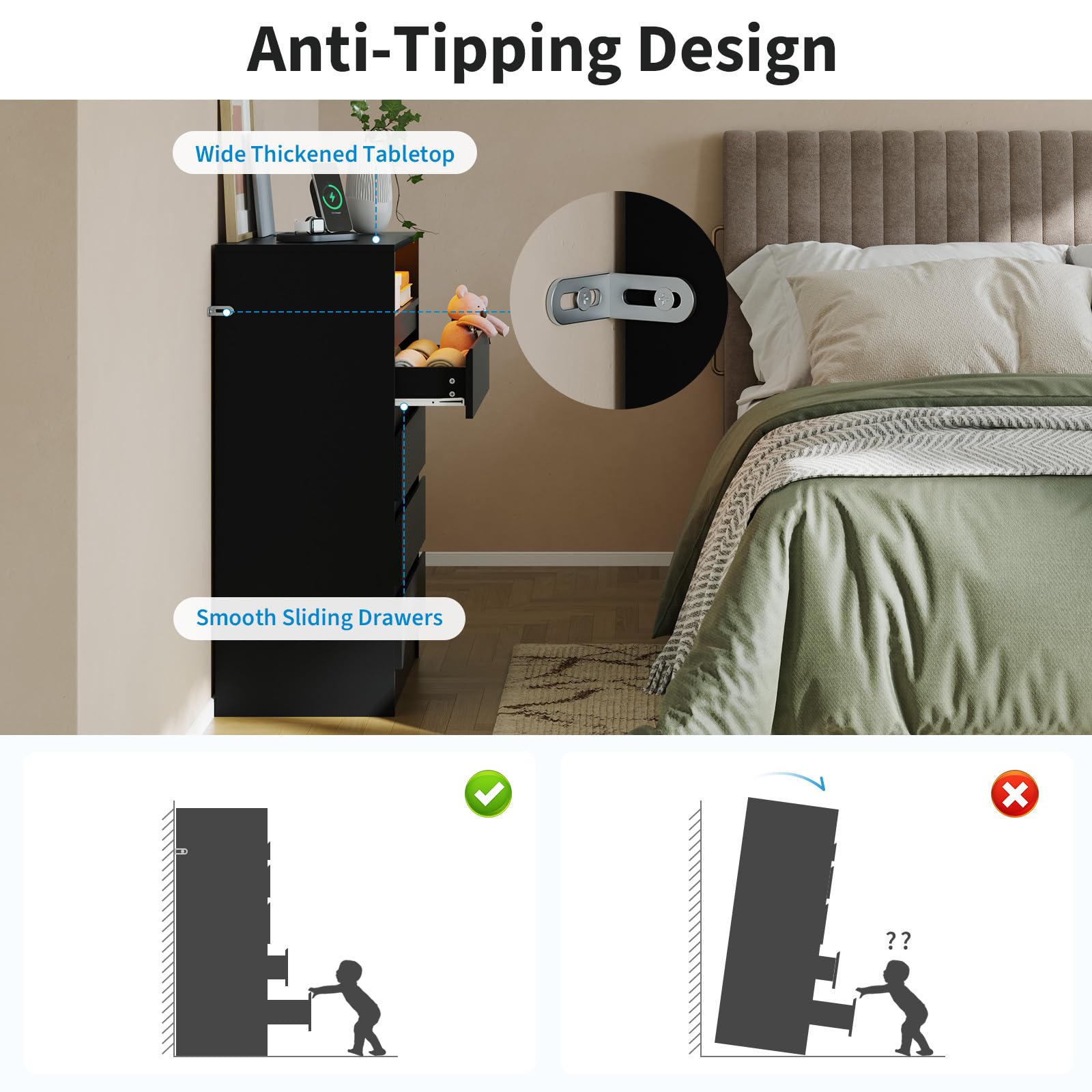 4 Drawer Dresser with Power Outlet and LED Light