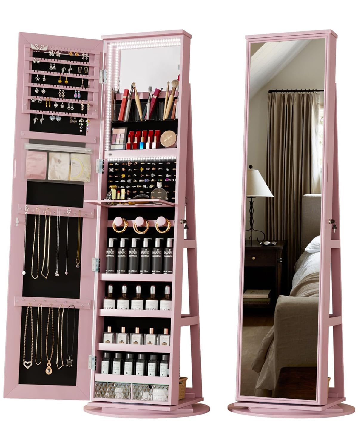 LED Mirror Jewelry Cabinet with 360° Swivel Storage